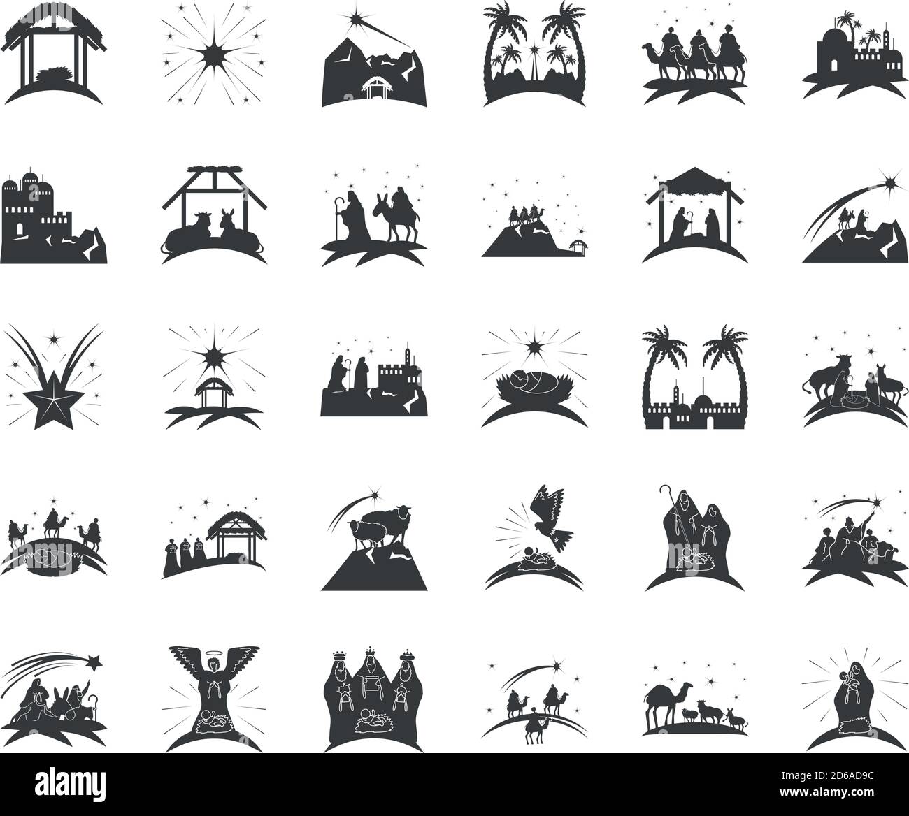 krippe, traditionelle Feier Set Ikonen der Krippe heilige Familie und Zeichen Vektor-Illustration Stock Vektor
