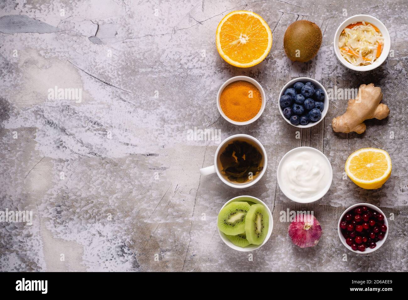 Gesunde produkte für Immunität steigern und Erkältungsmittel, Ansicht von oben. Stockfoto