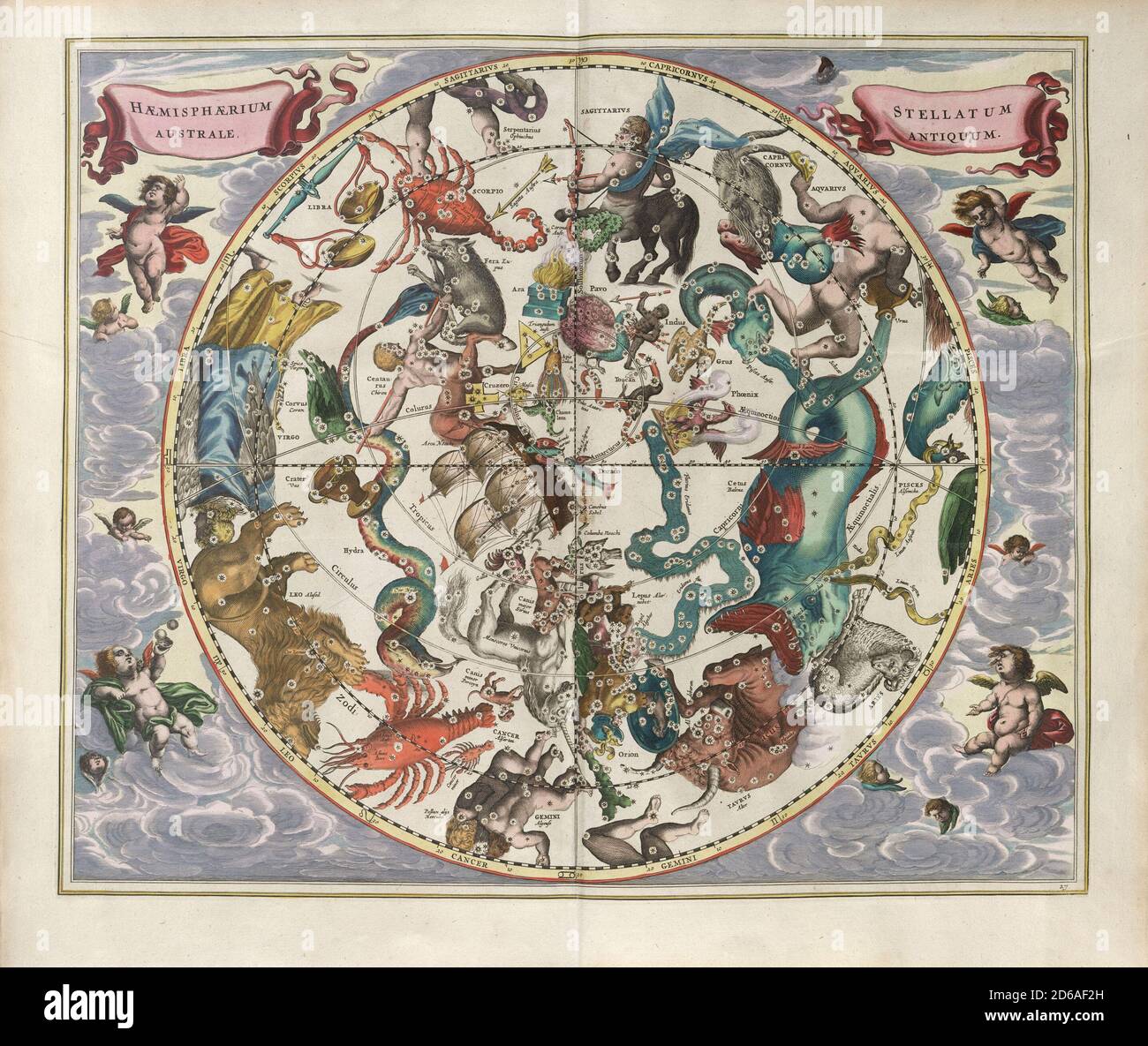 Titel: Die südliche Sternhemisphäre der Antike. Gravur von Harmonia Macrocosmica Ersteller: Andreas Cellarius Datum: c. 17. Medium: Handkolorierte Gravur Ort: The British Library Stockfoto