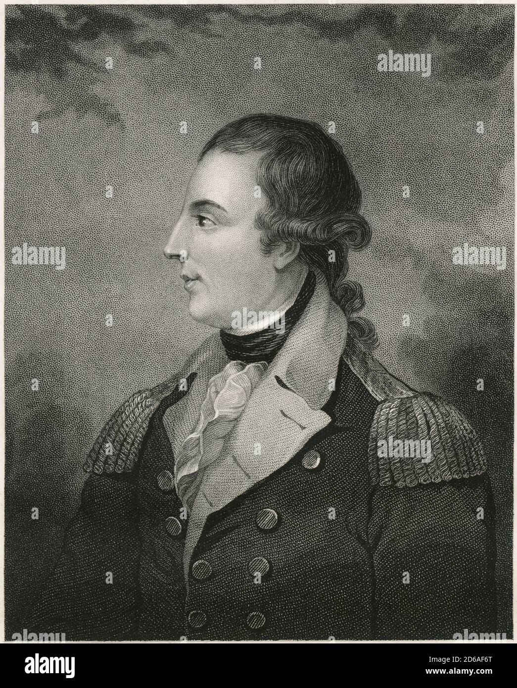 Antike c1870 Gravur, Richard Montgomery. Richard Montgomery (1738-1775) war ein irischer Soldat, der zuerst in der britischen Armee diente. Er wurde später ein Generalmajor in der kontinentalen Armee während des amerikanischen Revolutionskrieges. QUELLE: ORIGINALGRAVUR Stockfoto