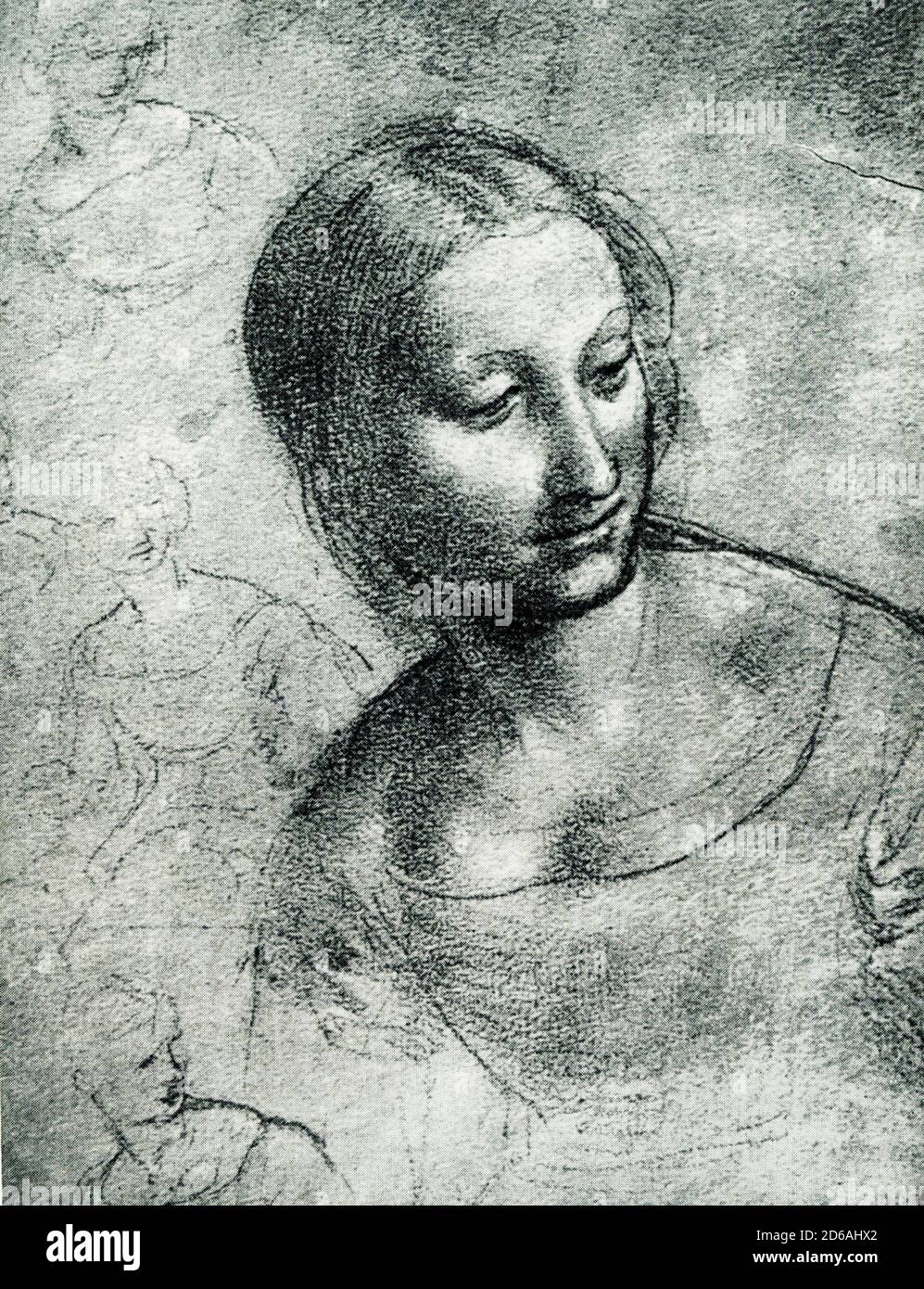 Der Leiter der St. Anne aus Zeichnung von Leonardo da Vinci (1453-1519) ist an der Akademie der Bildenden Künste in Venedig. Leonardo da Vinci war ein italienischer Universalgelehrter der Hochrenaissance, der weithin als einer der größten Maler aller Zeiten gilt. Die Mona Lisa ist das berühmteste von Leonardos Werken und das berühmteste Porträt, das jemals gemacht wurde. Stockfoto