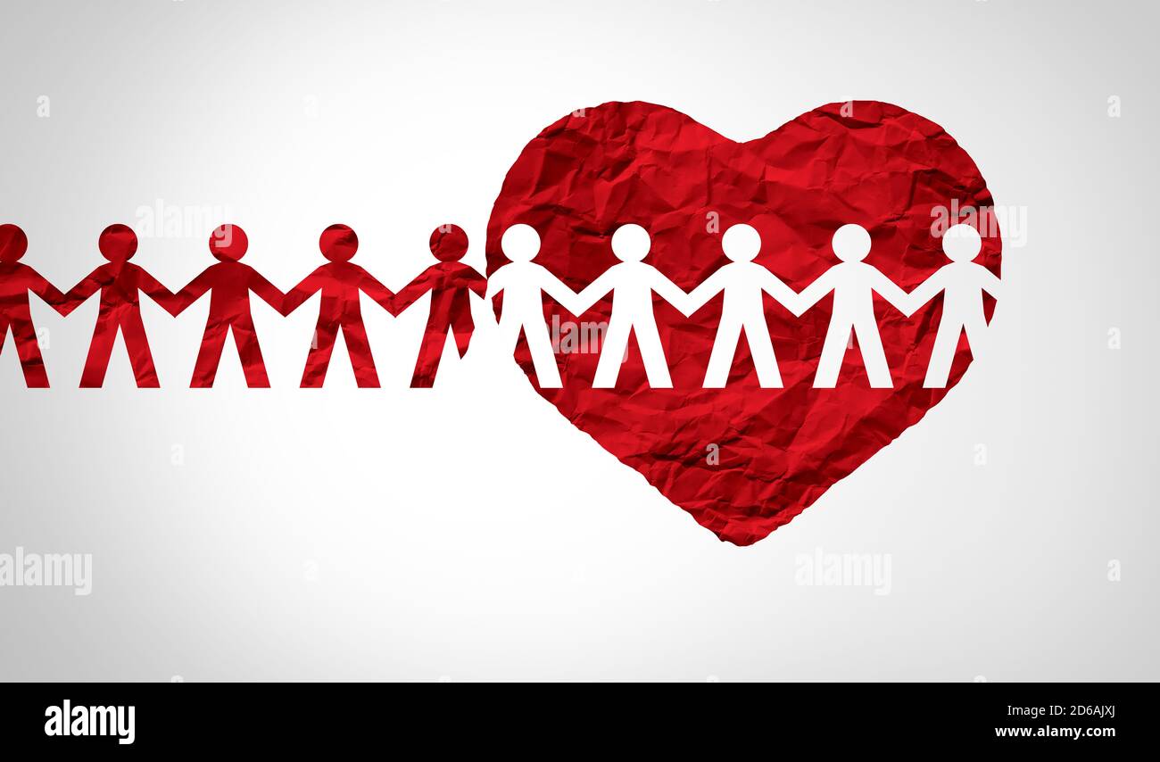 Gemeinsam vereintes Unterstützungskonzept und Einheit Partnerschaft als Herz mit einer Gruppe von Menschen verbunden zusammen geformt als ein Stützsymbol zum Ausdruck bringen. Stockfoto