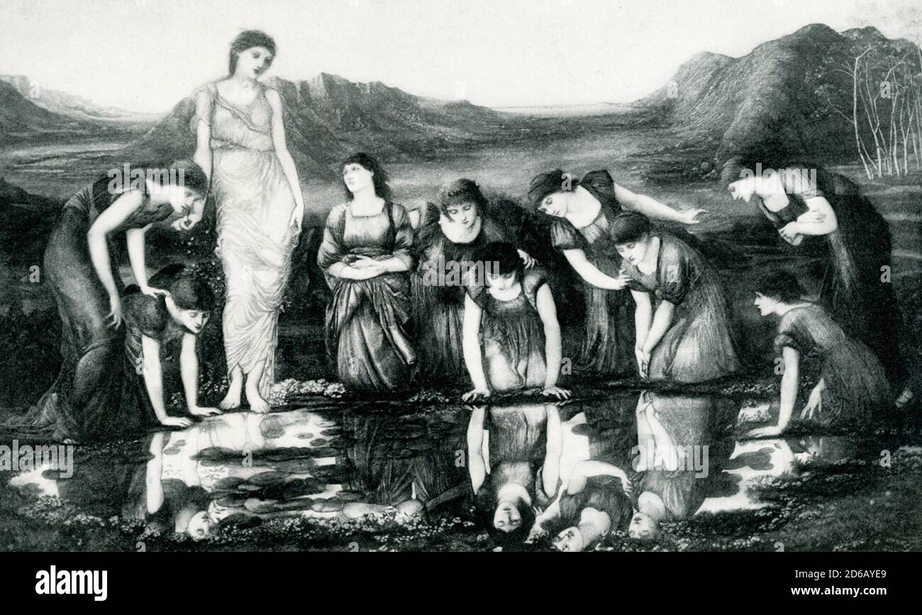 Spiegel der Venus von Burne Jones. (1833-1898). Laut Christopher Wood "kein Bild illustriert besser Burne-Jones' einzigartiges Genie, die beiden Traditionen des Präraffäelismus und der italienischen Renaissance zu einem neuen ästhetischen Stil zu verschmelzen als der Spiegel der Venus. Die Szene ist rein imaginär und zeigt Venus und ihre Mädchen, die ihre Spiegelungen in einem Wasserbecken betrachten. Sir Edward Coley Burne-Jones (1833 – 1898) war ein britischer Künstler und Designer, der mit der Phase der präraffaelitischen Bewegung assoziiert war. Der mit William Morris als Gründungspartner in Mo an dekorativen Künsten arbeitete Stockfoto