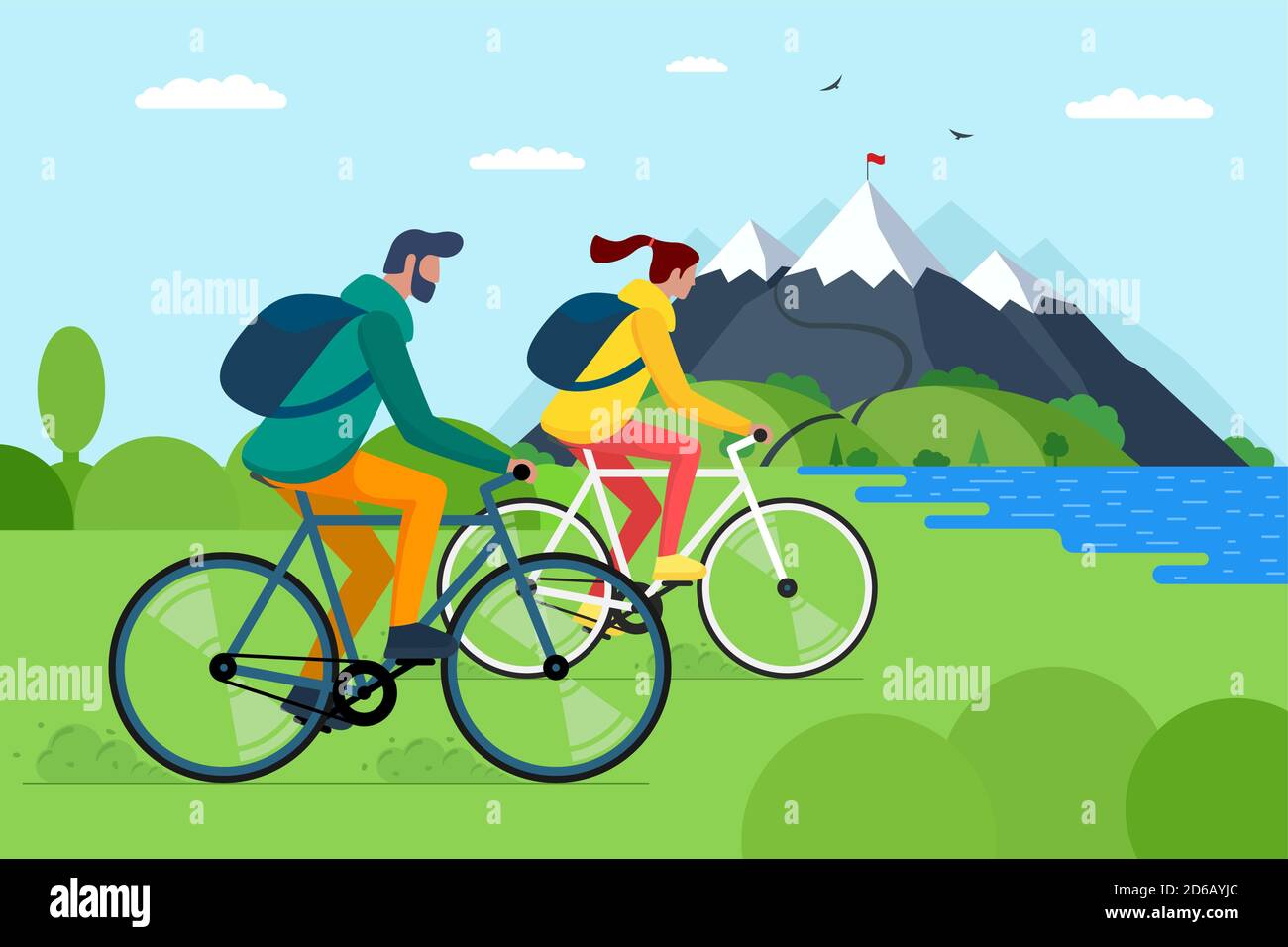 Junges Paar mit Fahrrädern in den Bergen. Junge und Mädchen Radfahrer mit Rucksäcken auf Fahrräder reisen in der Natur. Männliche und weibliche Radfahrer aktive Erholung auf Hügel See und Wald Vektor eps Illustration Stock Vektor