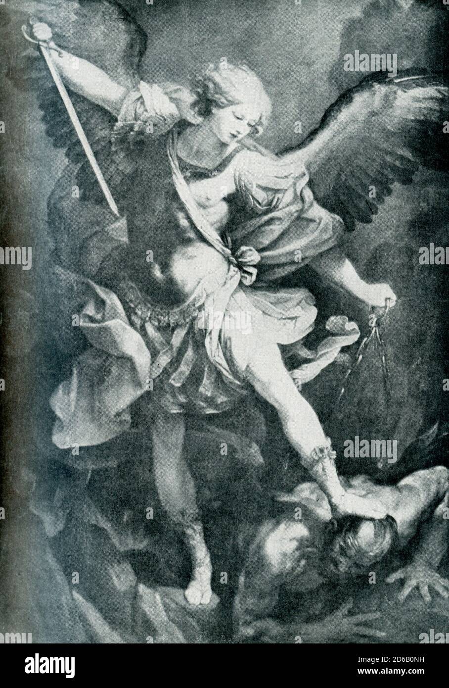 St. Michael und der Drache von Guido Reni. Michael kam, um den Triumph des Lichts über die Finsternis zu repräsentieren, wie er von der christlichen Kirche interpretiert wurde, in deren Lehren er den Triumph Christi über den Antichristen verkörperte. Guido Renis strahlend theatralische Darstellung hier vom heiligen Michael, der den Drachen erschlagen hat, zeigt Michael als Teil des römischen Soldaten, Teil Balletttänzer. Es wurde 1635 gemalt und kann in der Kirche Santa Maria della Consolazione in Rom gesehen werden. Das Bild ist ein schönes Beispiel für Renis späten Stil, der von seinen Zeitgenossen immer wieder für das bewundert wurde, was sie „grazi“ nannten Stockfoto