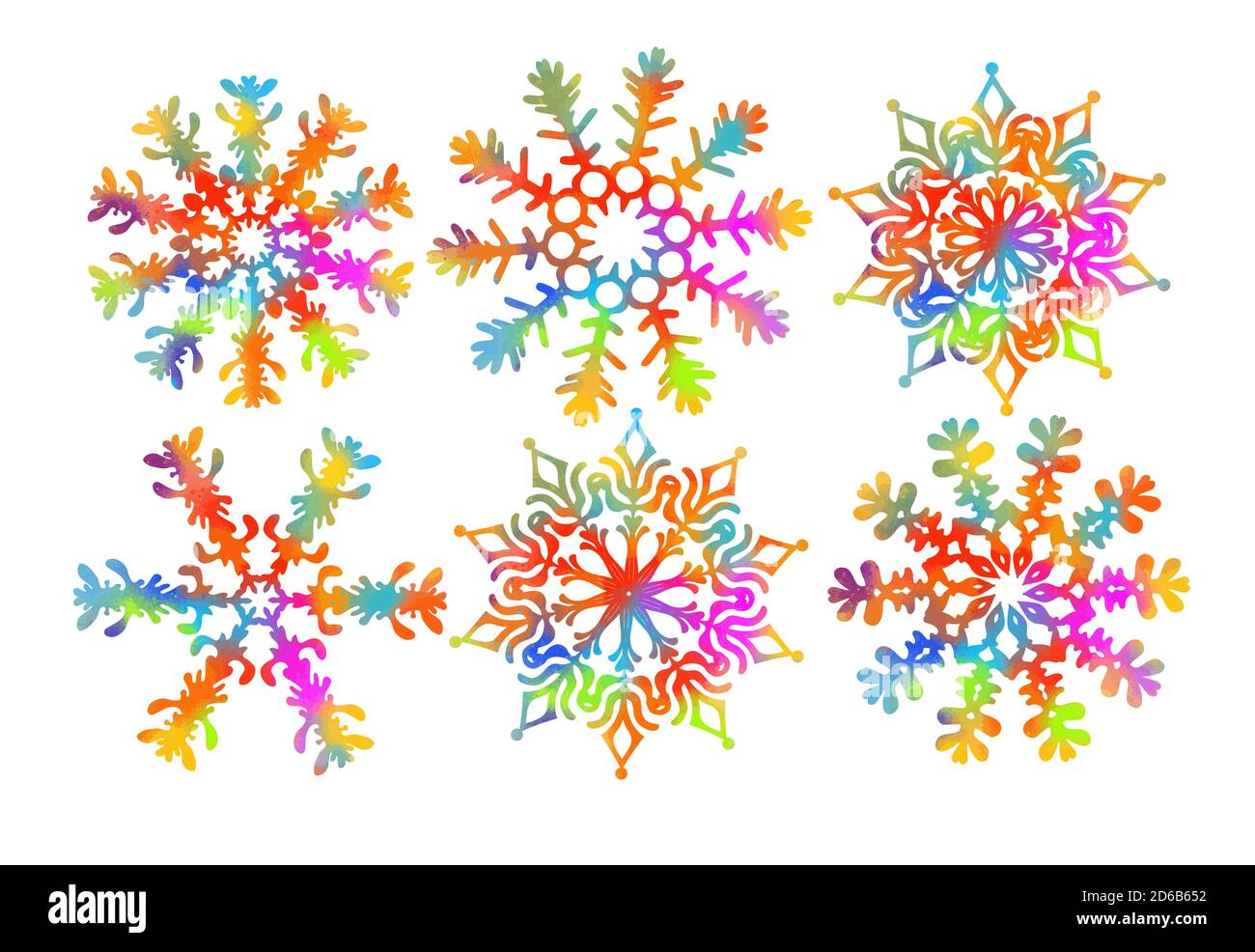 Set von Regenbogen Schneeflocken. Eine mehrfarbige Abstraktion einer Schneeflocke. Frohe Weihnachten. Gemischte Medien. Vektorgrafik Stock Vektor