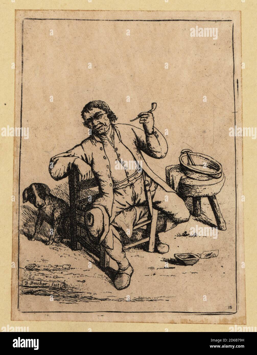 Mann aus dem 17. Jahrhundert saß auf einem Holzstuhl, rauchte eine Tabakpfeife, Dolch am Gürtel, sein Hut am Knie. Ein Hund an seiner Seite. Kupferstich von David Deuchar aus EINER Sammlung von Radierungen nach den bedeutendsten Meistern der niederländischen und flämischen Schulen, Edinburgh, 1803. Stockfoto