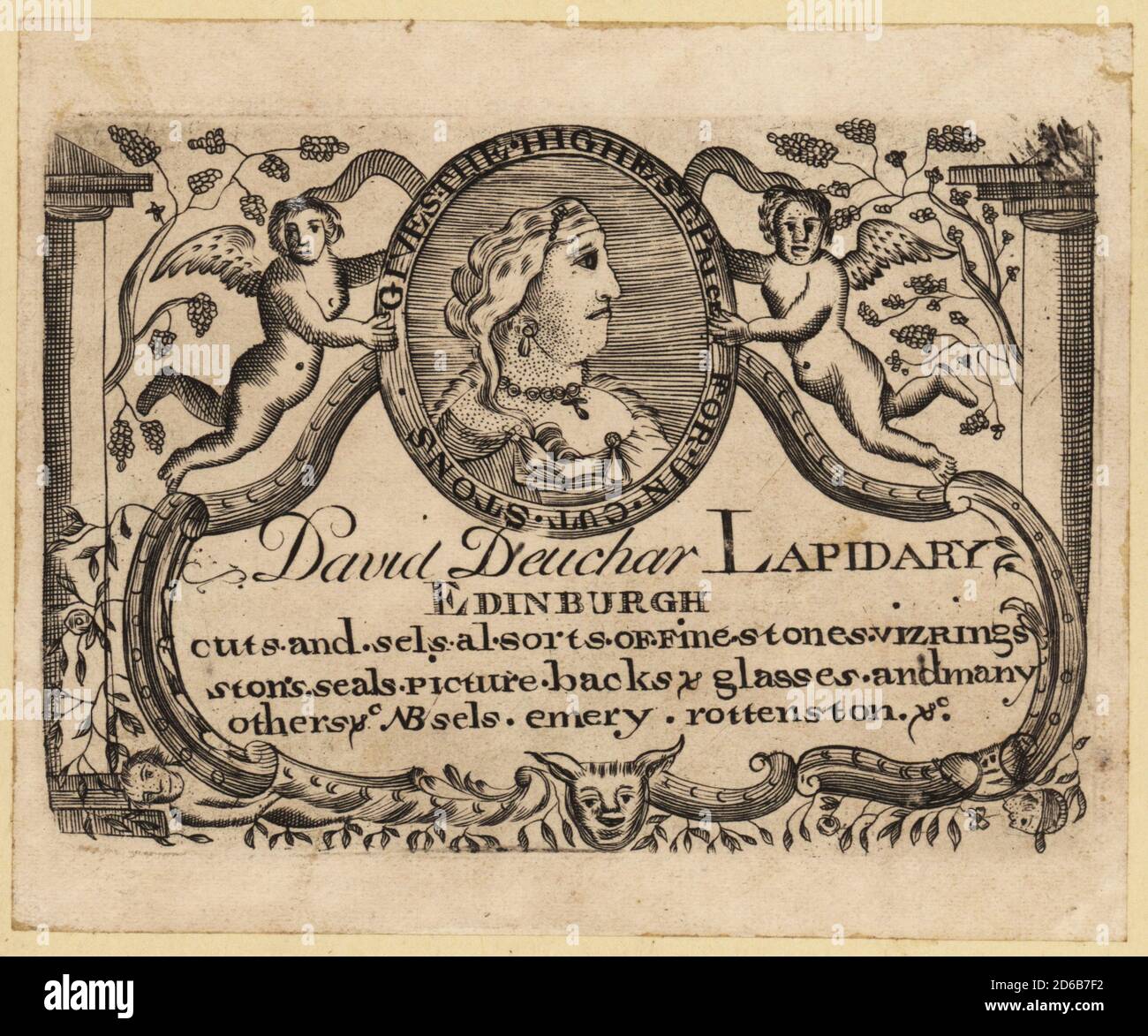 Handelskarte von David Deuchar, 1743-1808, schottischer Kupferstecher und Steinschneider. Lapidary, Edinburgh. Schnitte und Muscheln alle Arten von feinen Stein viz Ringe, Steine, Dichtungen, Bildrücken & Gläser, und viele andere, NB-Muscheln, Schmirgel, faulen ston &. Gibt den höchsten Preis für ungeschliffene Steine. Stockfoto