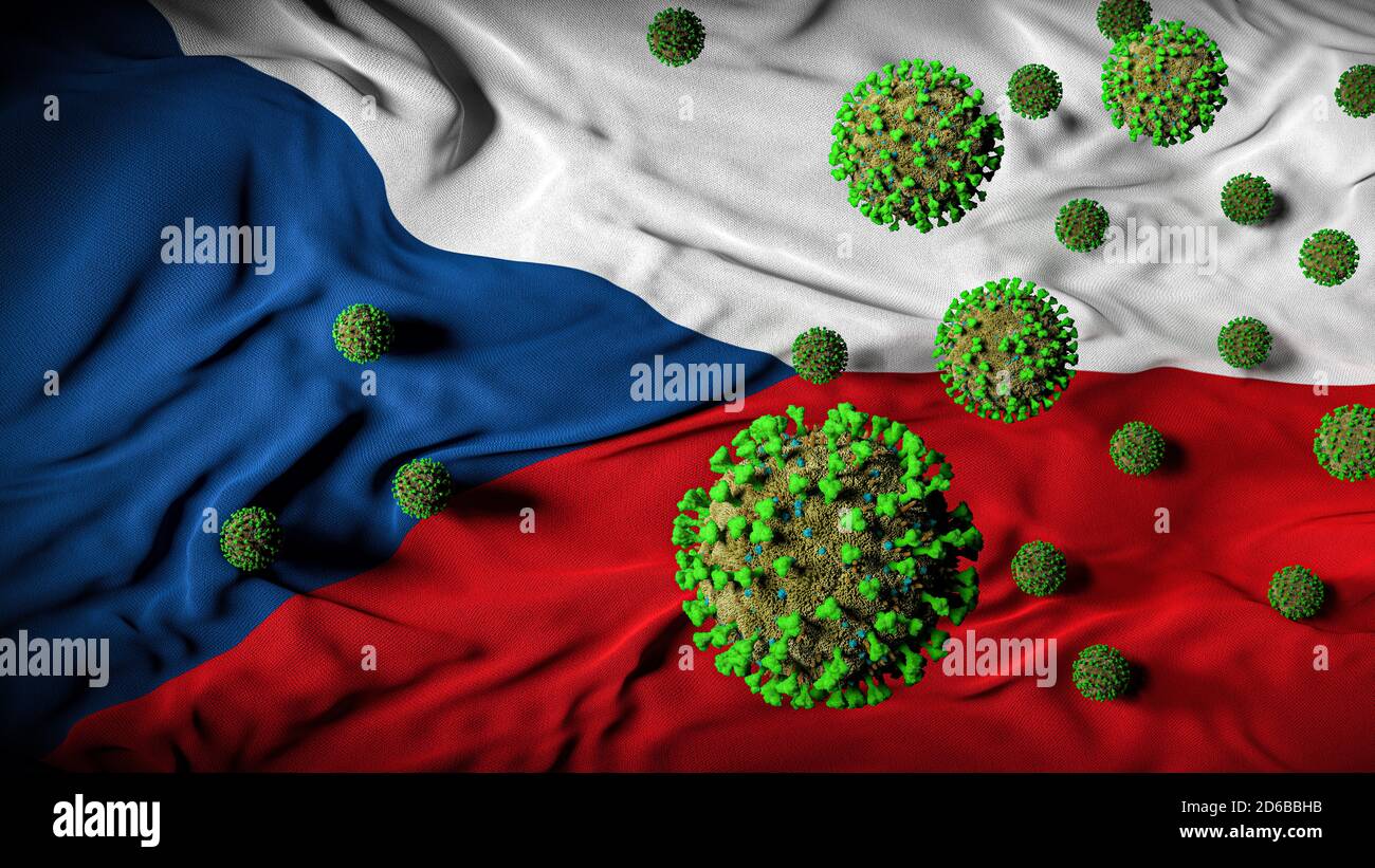 OVID-19 Coronavirus-Moleküle auf tschechischer Flagge - Gesundheitskrise mit Anstieg der COVID-Fälle - Tschechische Republik Virus-Pandemie-Opfer Abstrakter Hintergrund Stockfoto