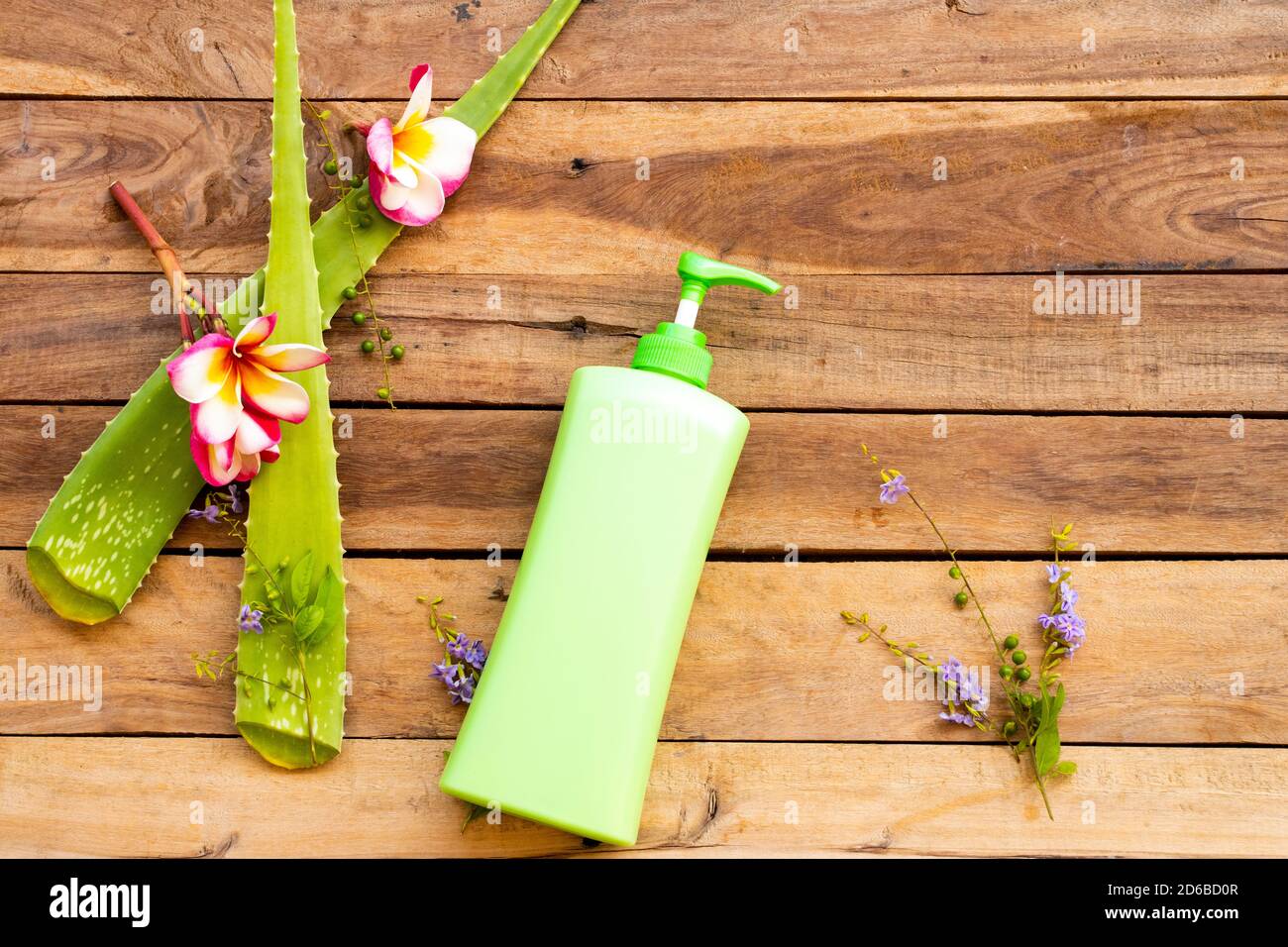 Pflanzliche Sonnencreme Körperlotion Extrakt Aloe Vera Gesundheitspflege für Körper Haut des Lebensstils Frau entspannen Anordnung flach Lay-Stil Stockfoto