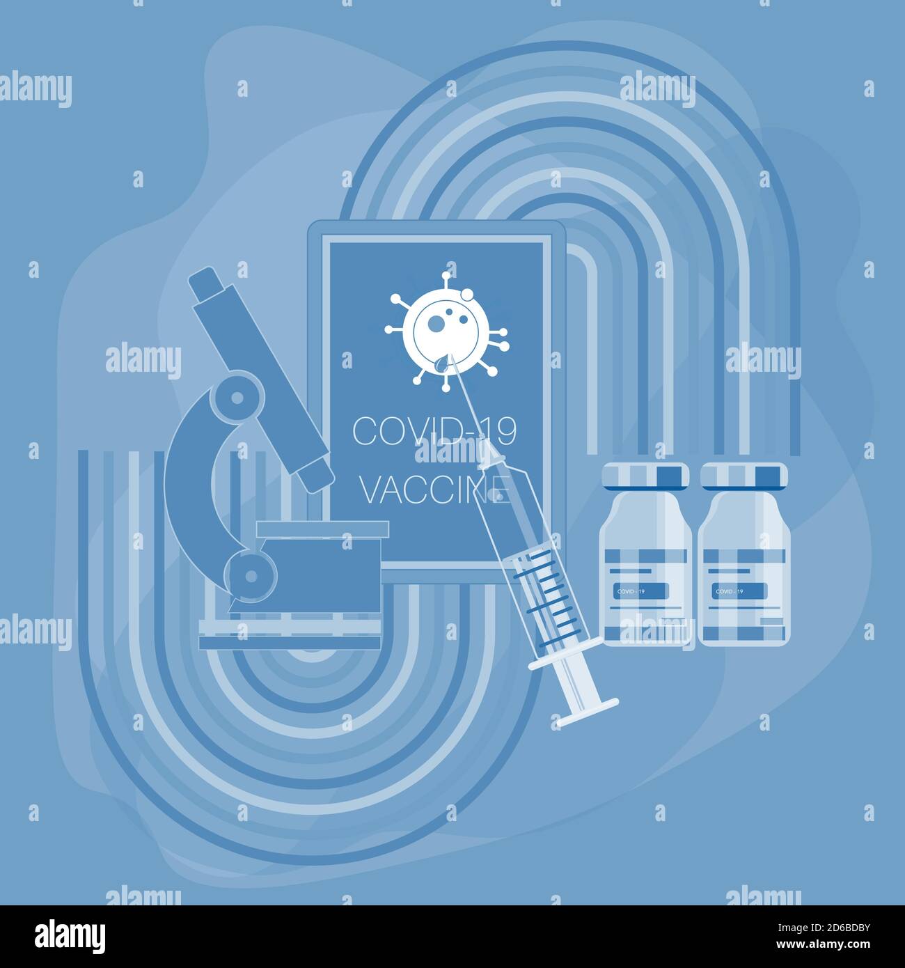 Covid-Impfstoff-Vektor-Illustration zeigt die Entwicklung eines Coronavirus-Impfstoffs in einem Forschungslabor mit Spritze Impfstoffflasche Mikroskop Tablette Stock Vektor