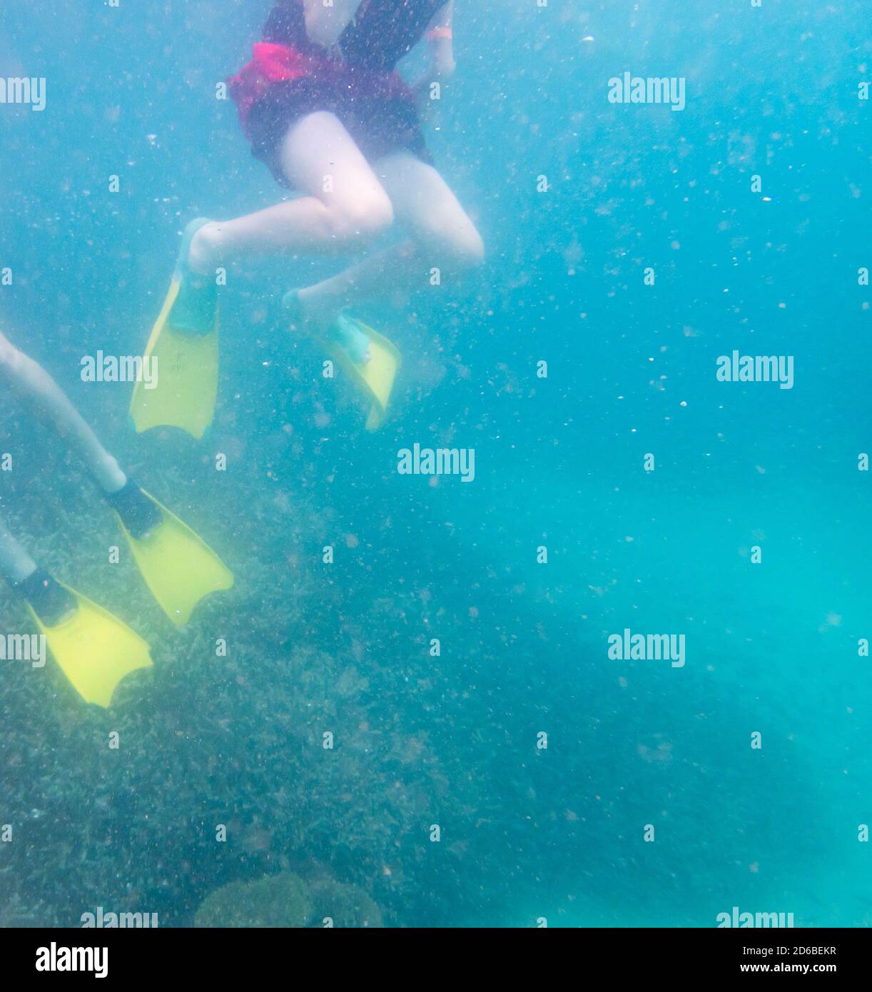 Great Keppel Island, Queensland, Australien - Dez 2019: Schnorchler an einem flachen Korallenriff im trüben Wasser, das durch Wind und Regen bewölkt ist. Unschärfe des imag Stockfoto