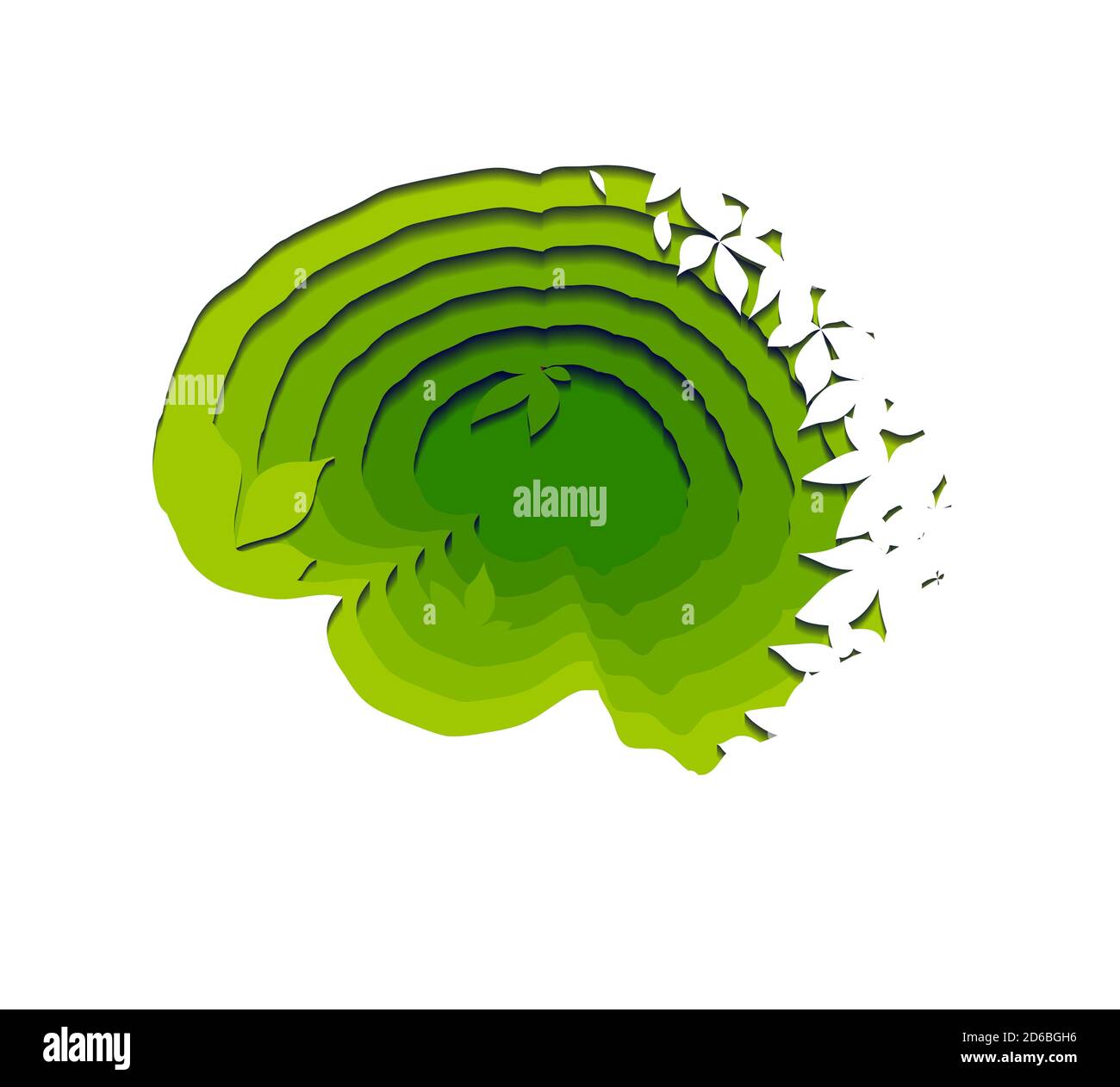 Geschichtete Öko-Gehirn aus Papier mit Blättern auf weißem Hintergrund geschnitten. Papier schneiden Origami. Nachhaltiges Denken. Vektor 3d Illustration für Artikel, Stock Vektor