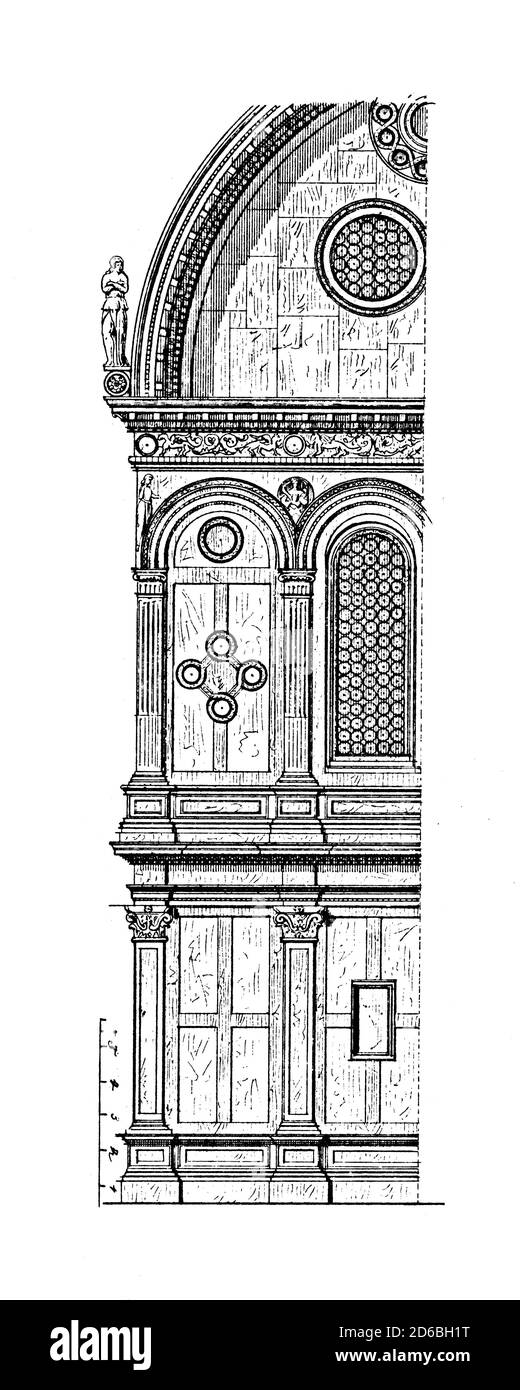 Antike Illustration aus dem 19. Jahrhundert, die Fassade von Santa Maria dei Miracoli in Venedig, Italien darstellt. Die Kirche wurde von Pietro Lombardo entworfen und gebaut Stockfoto