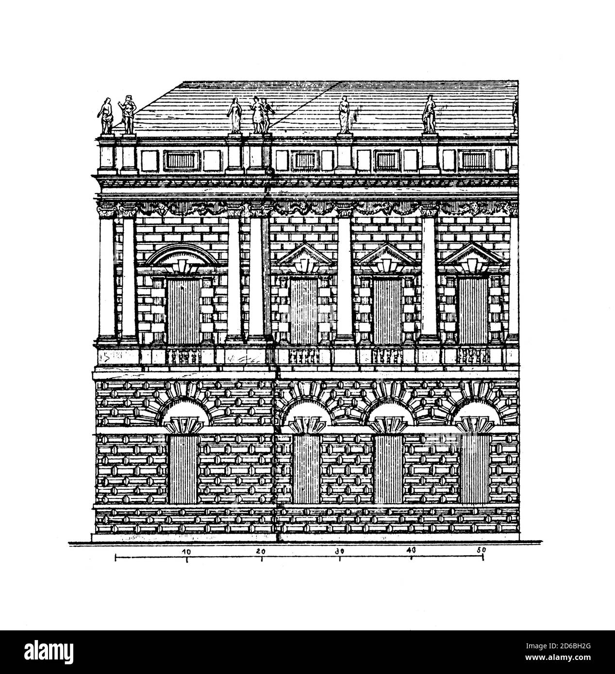Antike Gravur, die die Fassade des Palazzo Thiene Bonin Longare darstellt, einem Palast in Vicenza, der 1572 von Andrea Palladio entworfen und nach seiner De gebaut wurde Stockfoto