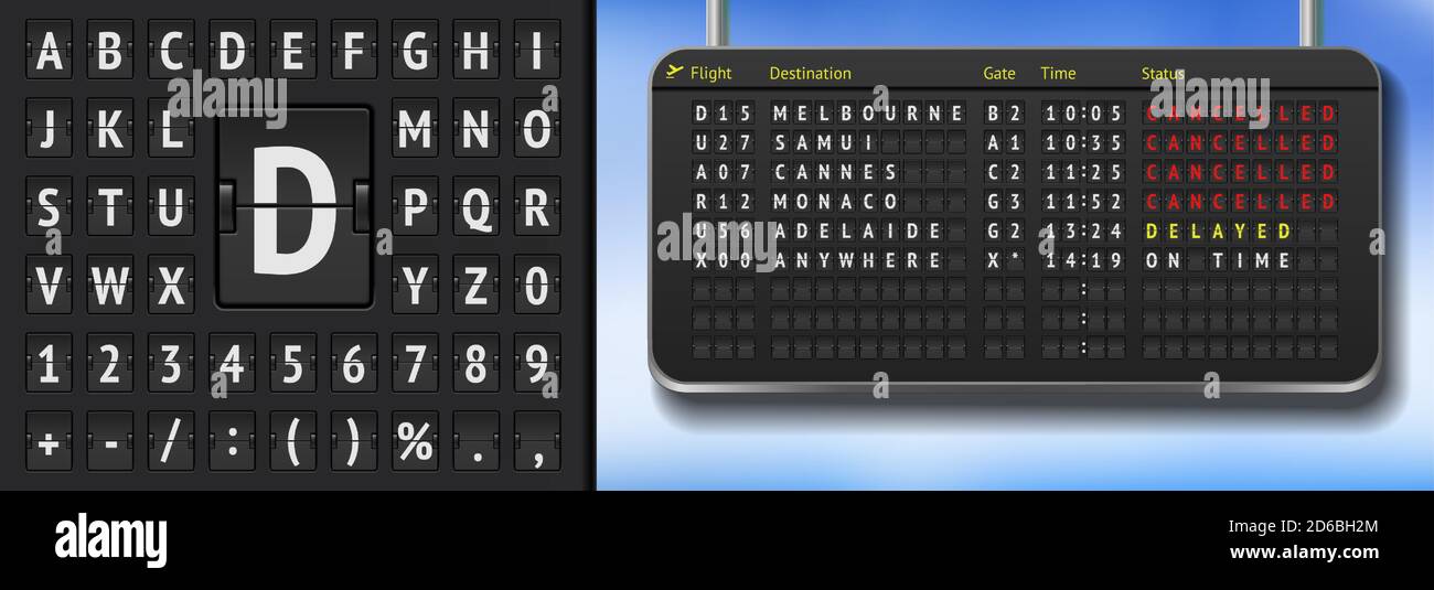 3D-Anzeigetafel des Flughafens mit stornierten Flügen aufgrund von covid Pandemie. Vektor realistische Flip Flughafen Anzeigetafel Vorlage. Schwarzer Flughafenfahrplan mit Abflügen. Flughafen-Alphabet-Brett auf dunklem Hintergrund Stock Vektor