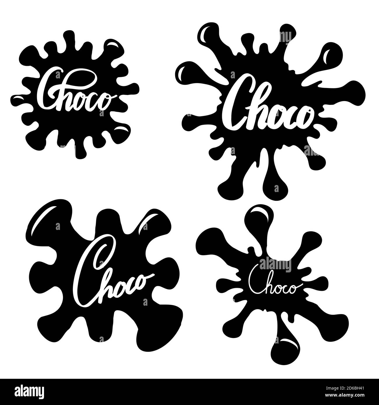 Set von schwarzen Schokolade Spritzer mit Pinsel Kalligraphie. Choco-Schriftzug. Honigbeschriftung auf Tintentropfen. Vektor-Element für Logos, Abzeichen und Ihr c Stock Vektor