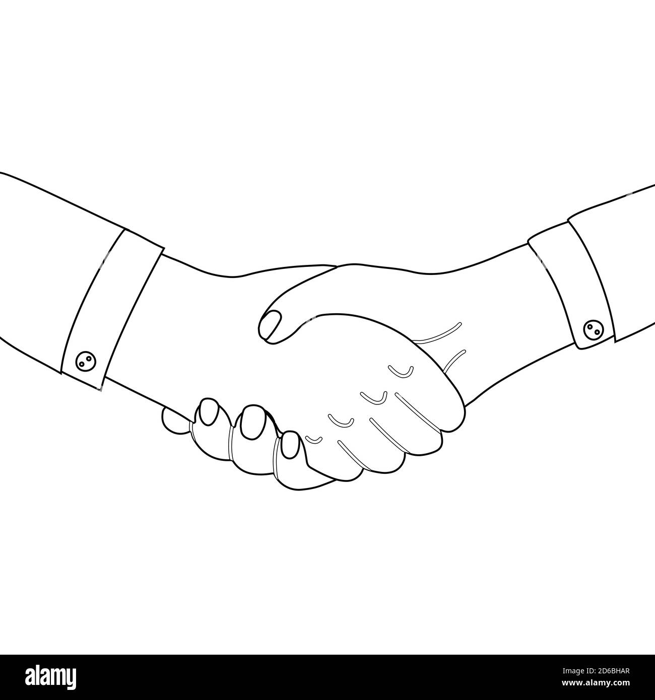 Umreißt den Mann, der die Hände schüttelt Line Art Geschäftsmann macht einen Deal. Internationaler Tag Der Freundschaft. Vektor schwarz-weiß Illustration für Artikel, Postauto Stock Vektor