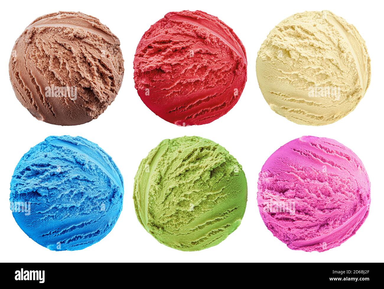 Set von verschiedenen bunten leckeren Kugeln Eis auf weißem Hintergrund. Draufsicht. Datei enthält Beschneidungspfad für jedes Element. Stockfoto