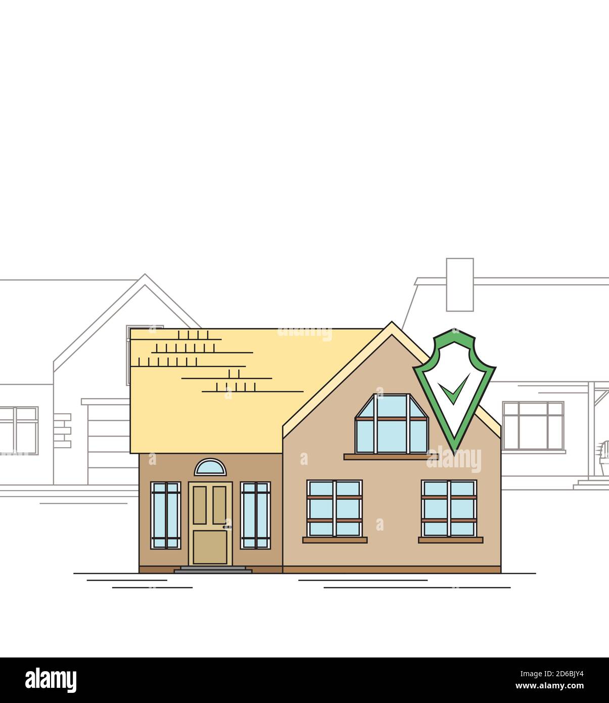Skizze eines Landhauses mit Schutzschild. Smart Home mit Alarm auf dem Hintergrund der gewöhnlichen Häuser. Das Haus wird bewacht. Linienart f Stock Vektor