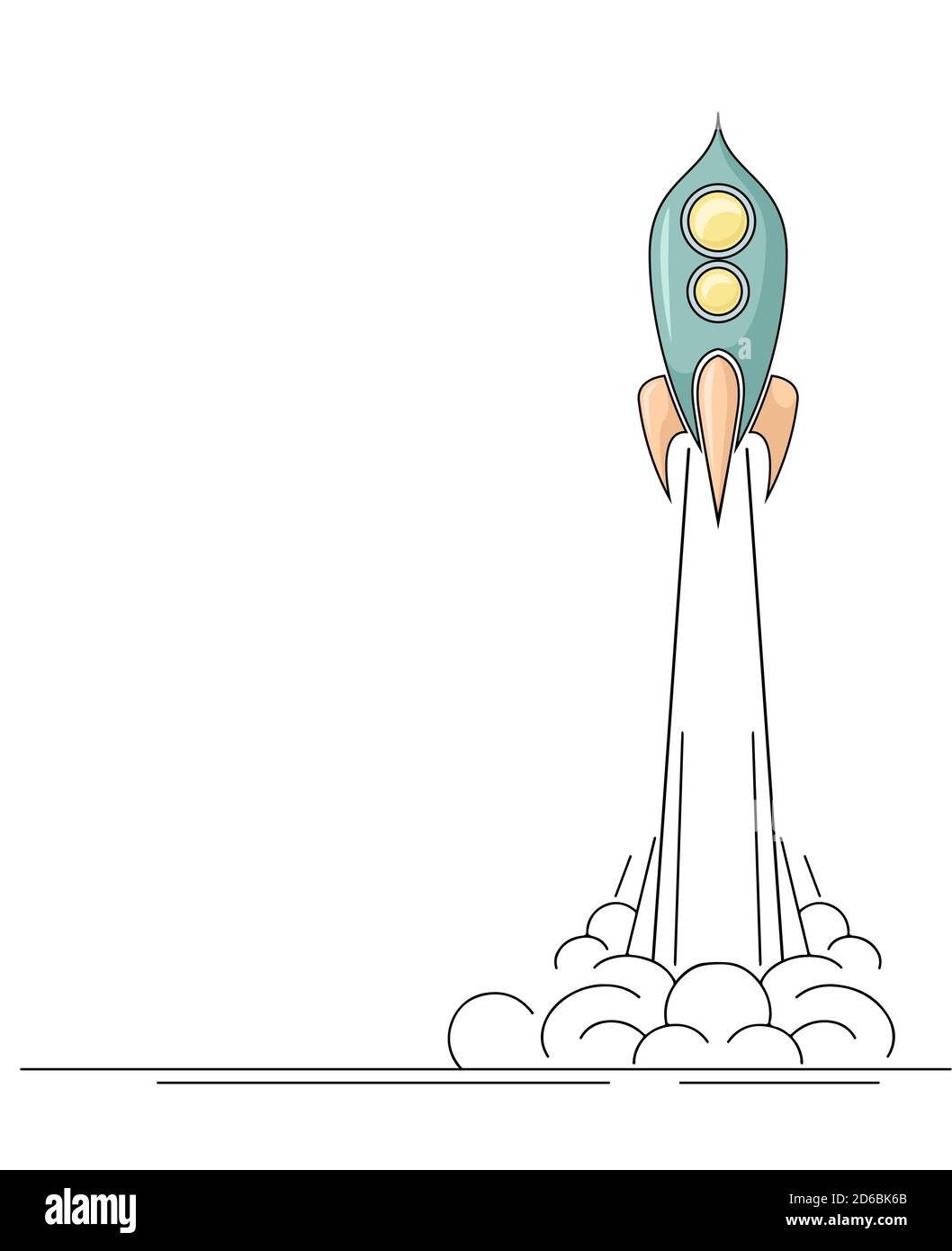 Vertikale Schablone mit Konturdarstellung einer Retro-Weltraumrakete, die mit Rauch abfliegt. Starten Sie das Projekt mit einem Raumschiff. Lineare Zeichnung auf einem weißen Stock Vektor