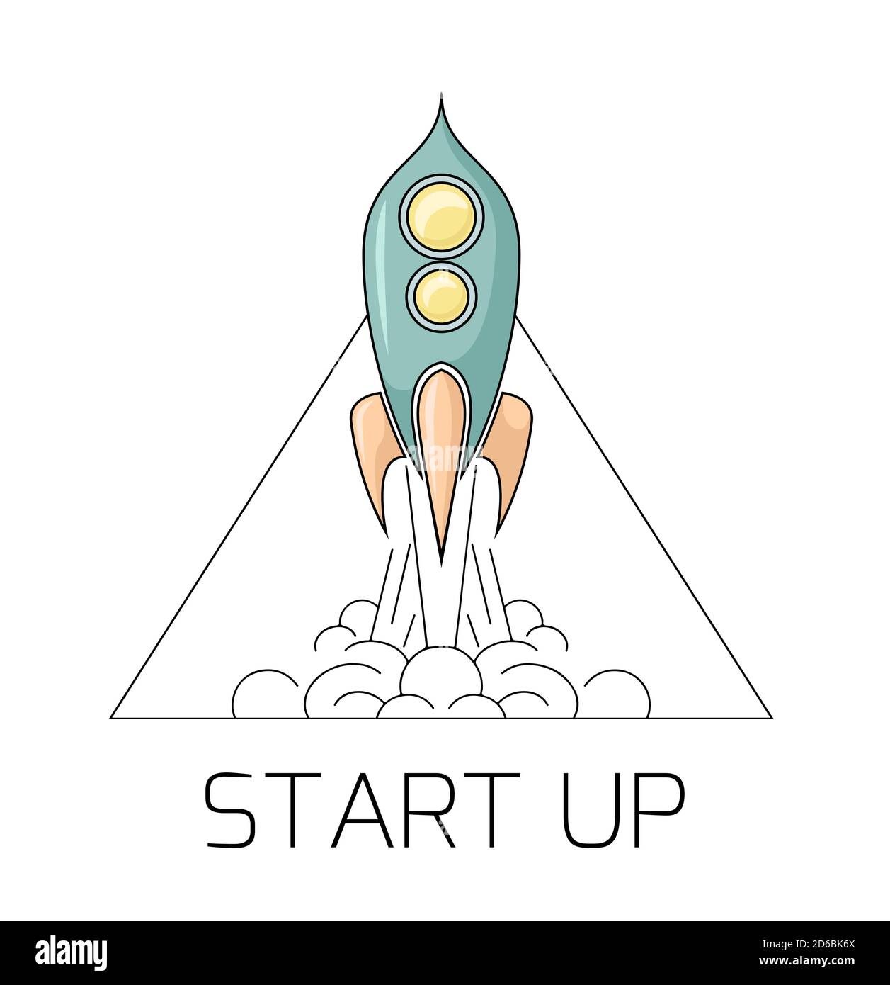 Konturdarstellung einer Retro-Weltraumrakete, die mit Rauch im Dreieck abfliegt. Starten Sie das Projekt mit einem Raumschiff. Lineare Zeichnung auf weißem Hintergrund Stock Vektor