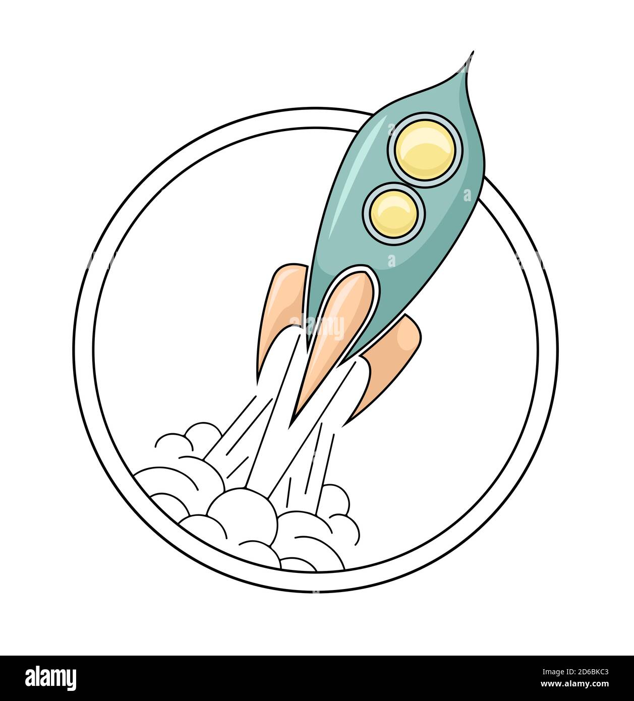 Konturdarstellung einer Retro-Weltraumrakete, die mit Rauch im Kreis abfliegt. Starten Sie das Projekt mit einem Raumschiff in Abzeichen. Runde lineare Zeichnung auf einem Whi Stock Vektor