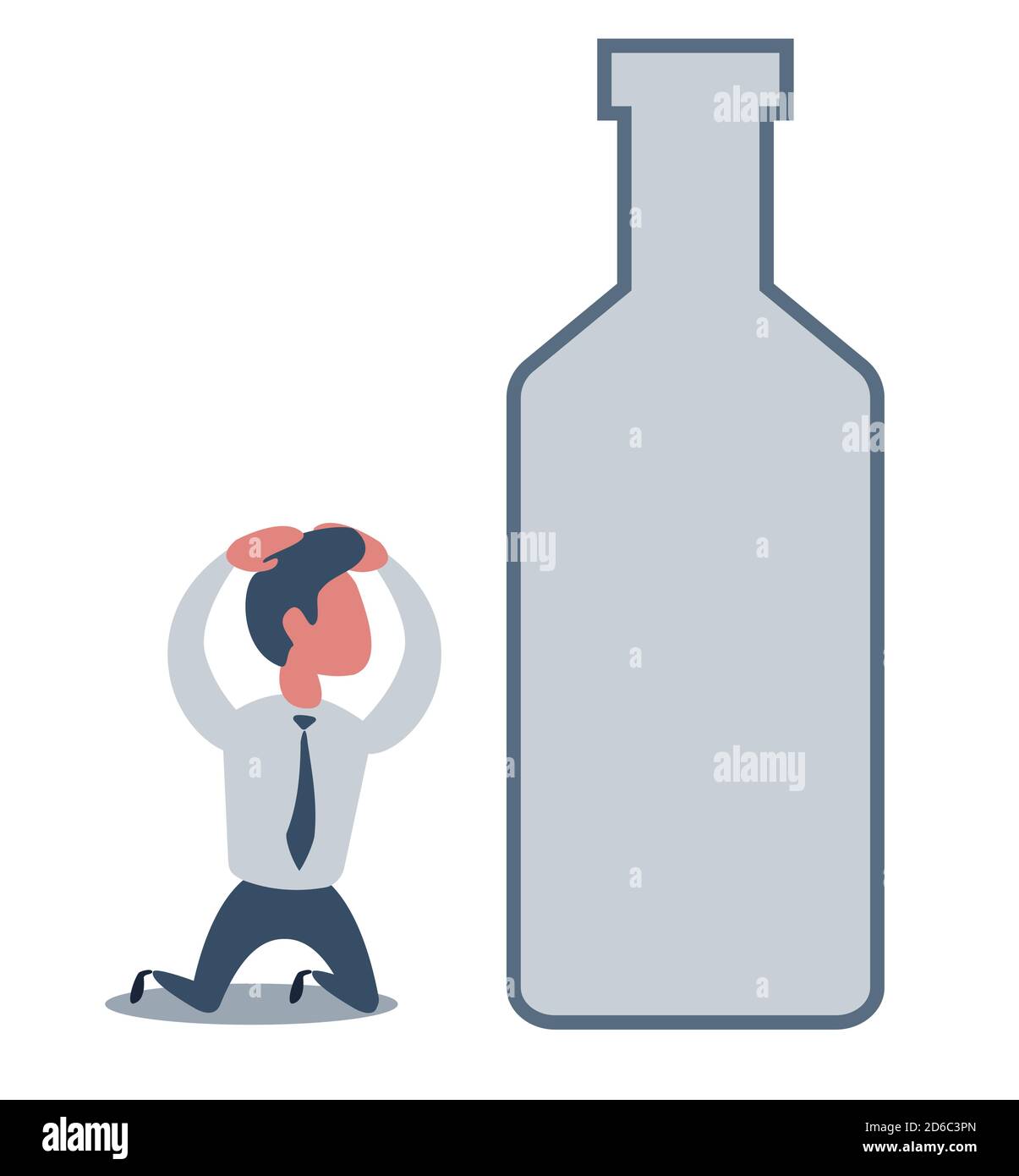 Kranker betrunkener Mann auf den Knien neben der Flasche Wein. Konzept flache Vektor Illustration der Alkoholabhängigkeit. Stock Vektor