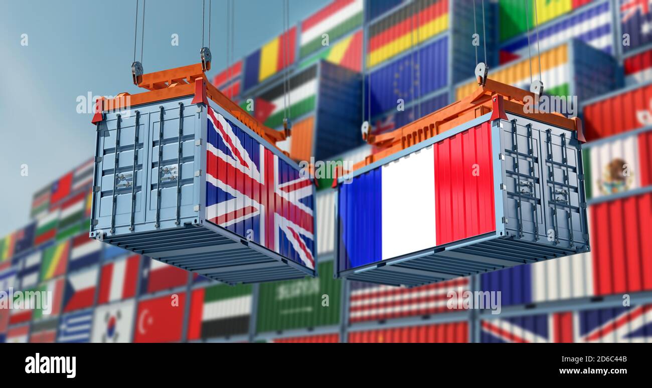 Frachtcontainer auf einem Terminal mit Flagge von Großbritannien und Frankreich. 3D-Rendering Stockfoto