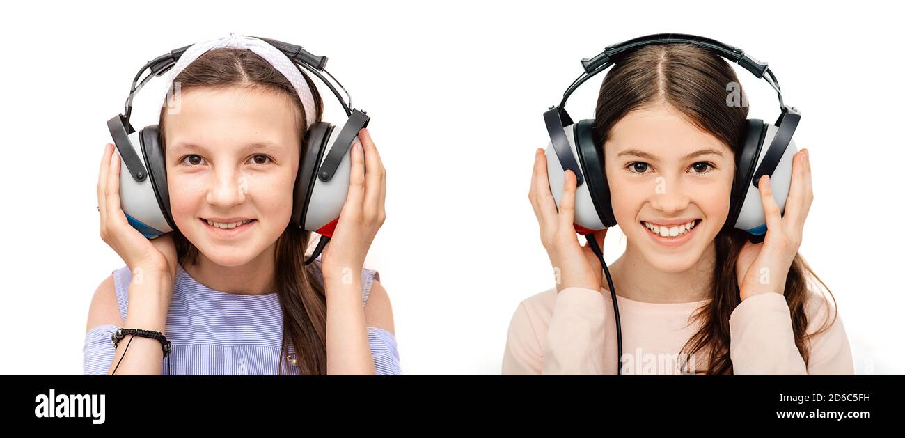 Hörtest, Audiometrie. Zwei Mädchen, die Kopfhörer tragen, bekommen Hördiagnostik, isoliert auf Weiß. Kinder Hörprüfung Stockfoto