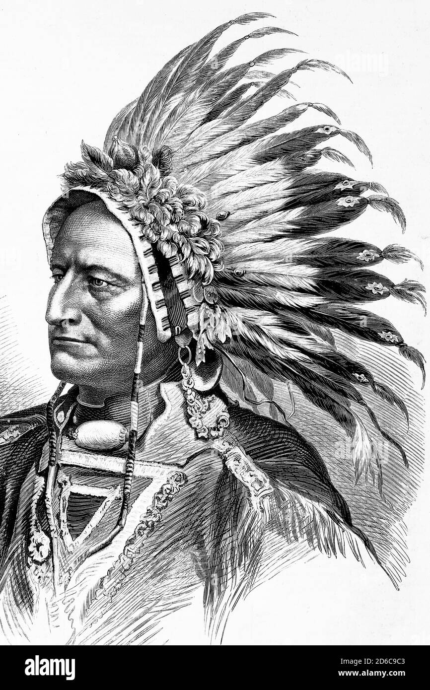 Indische Pawnee-indianer. Häuptling. Antike Illustration. 1875. Stockfoto