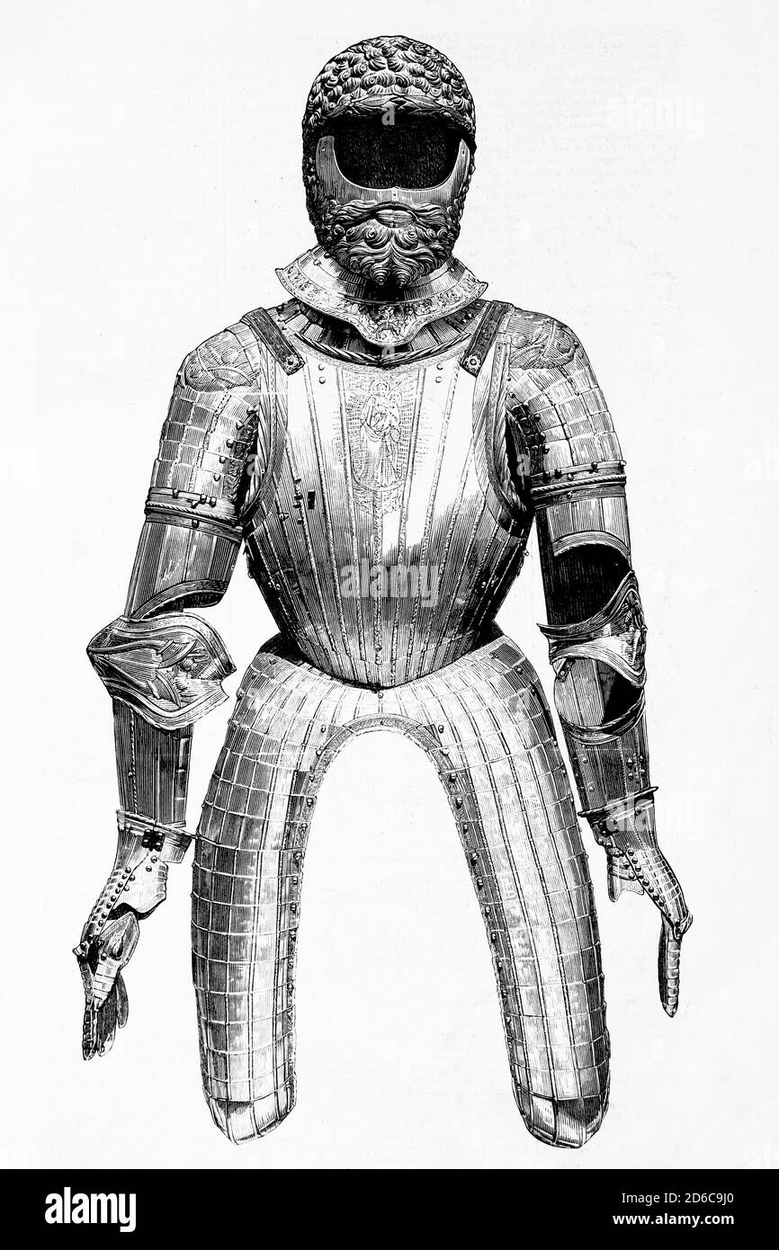 Rüstung von Kaiser Karl V. von Deutschland und I von Spanien. Antike Illustration. 1875. Stockfoto