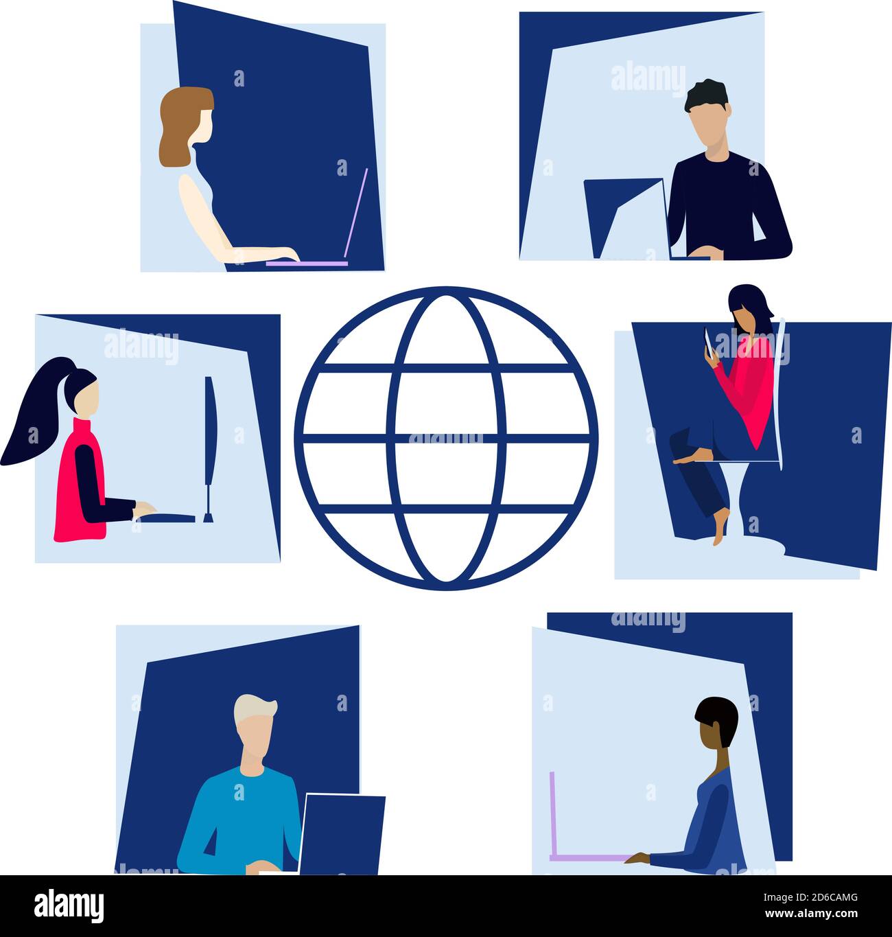 Online-Kommunikation. Arbeiten und Lernen im Home Office. Frau und Mann sitzen am Schreibtisch, betrachten Computerbildschirm und sprechen online. Vektordarstellung Stock Vektor