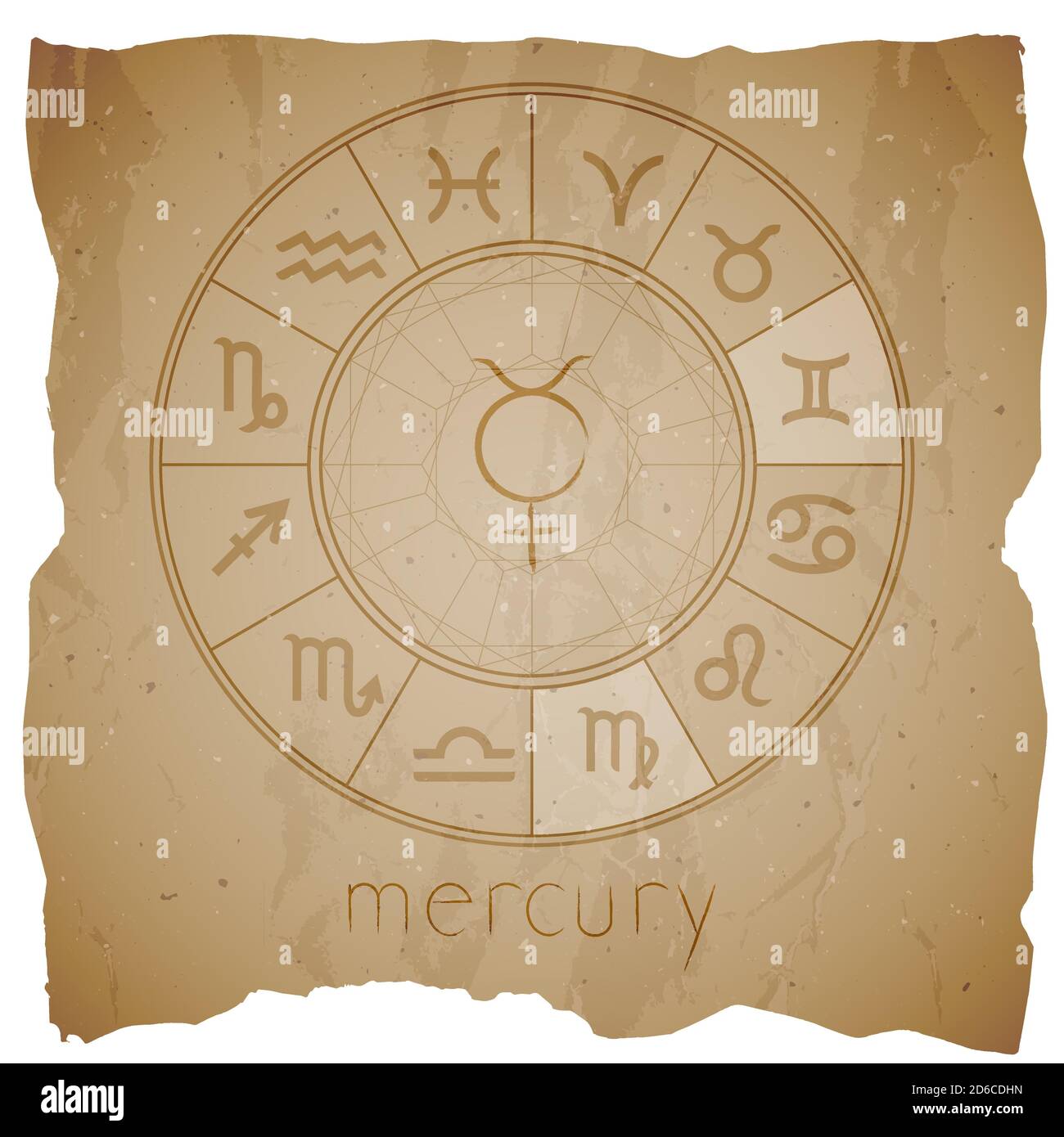 Vektorgrafik mit handgezeichneter astrologischer Planetenfigur URANUS auf einem grunge alten Hintergrund mit abgerissenen Kanten. Sepia. Stock Vektor
