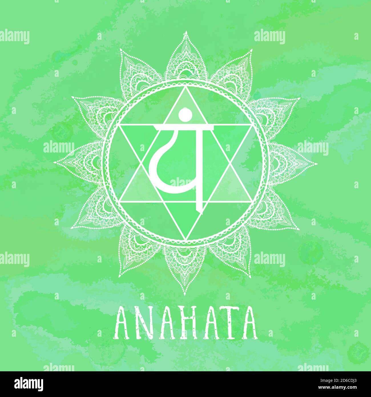 Vektor-Illustration mit Symbol Anahata - Herz-Chakra auf Aquarell-Hintergrund. Kreis-Mandala-Muster und handgezeichnete Schriftzüge. Farbig. Stock Vektor