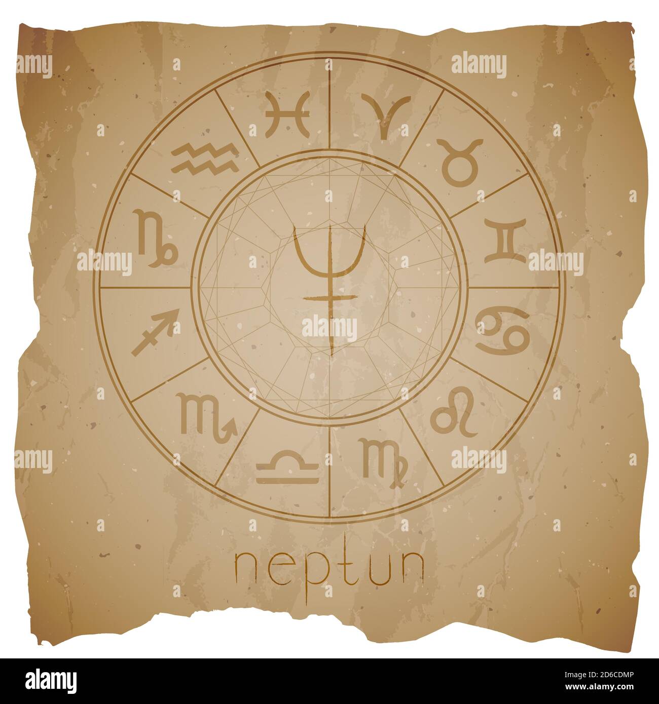 Vektorgrafik mit handgezeichneter astrologischer Planetenfigur NEPTUN auf einem grunge alten Hintergrund mit abgerissenen Kanten. Sepia. Stock Vektor