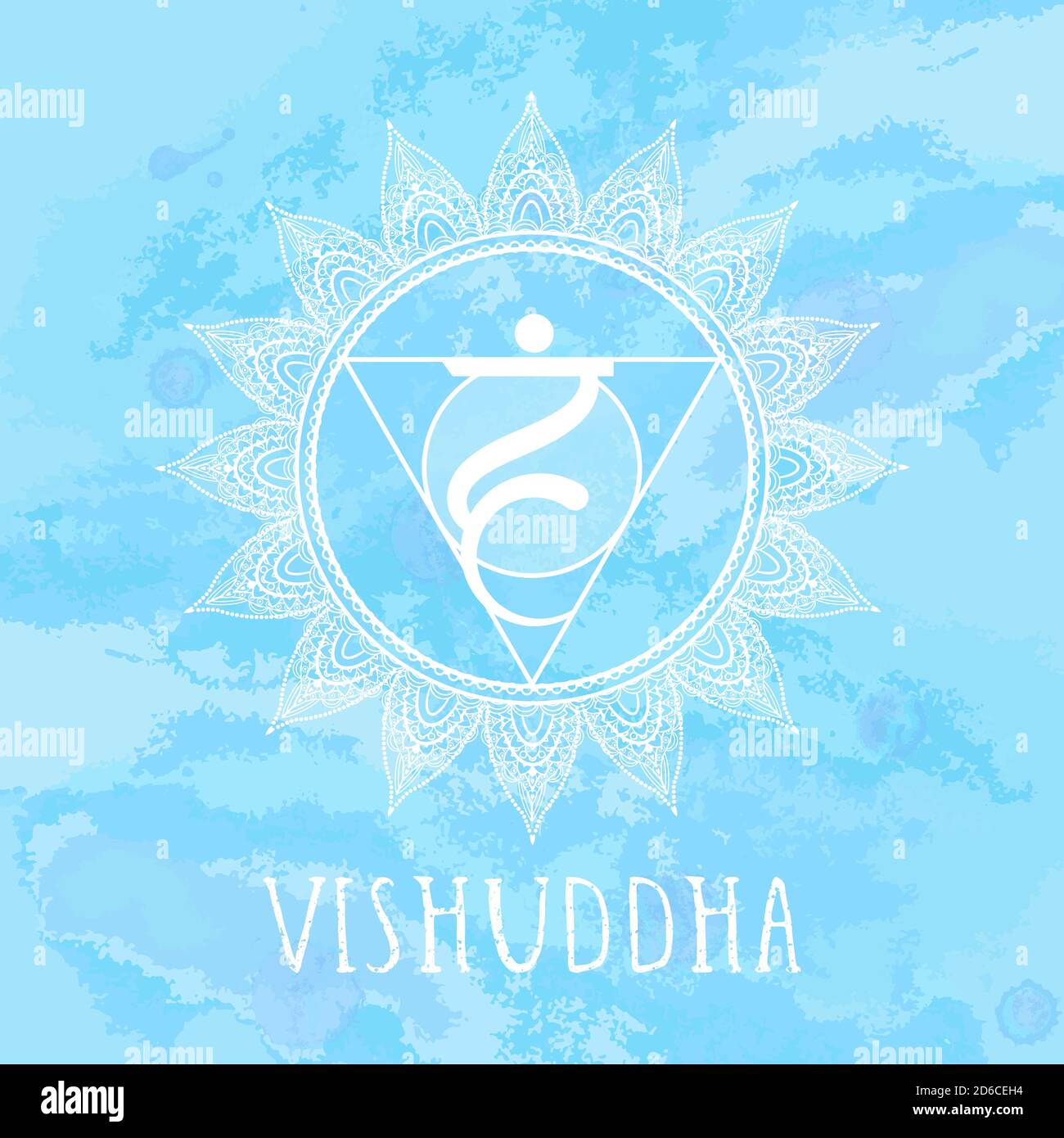 Vektor-Illustration mit Symbol Vishuddha - Kehle Chakra auf Aquarell Hintergrund. Kreis-Mandala-Muster und handgezeichnete Schriftzüge. Farbgebung Stock Vektor