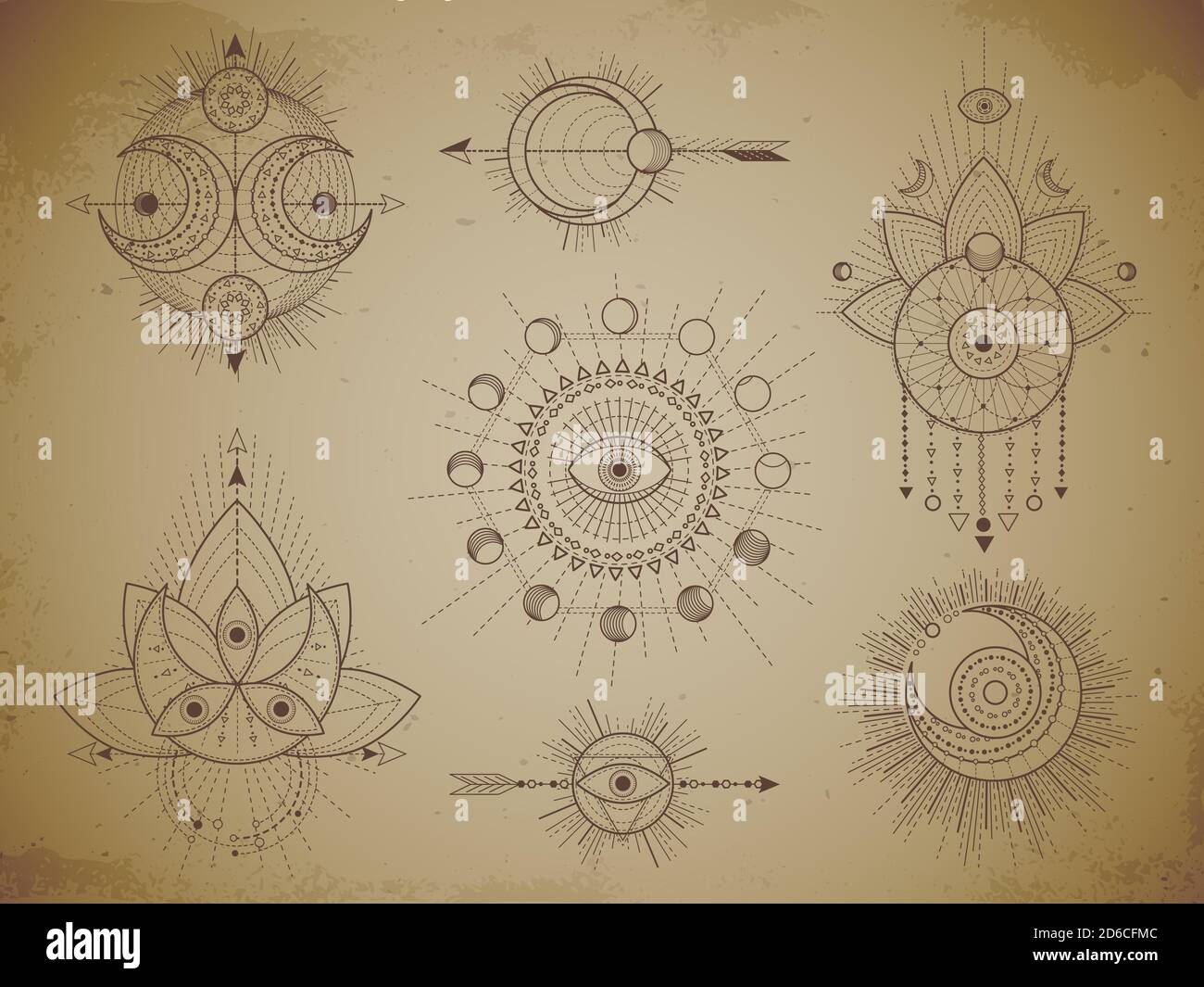 Vektor-Set von Heiligen geometrischen Symbolen und Figuren auf alten Papier Grunge Hintergrund. Abstrakte mystische Zeichen Sammlung in Linien gezeichnet. Für Ihr Design: pr Stock Vektor