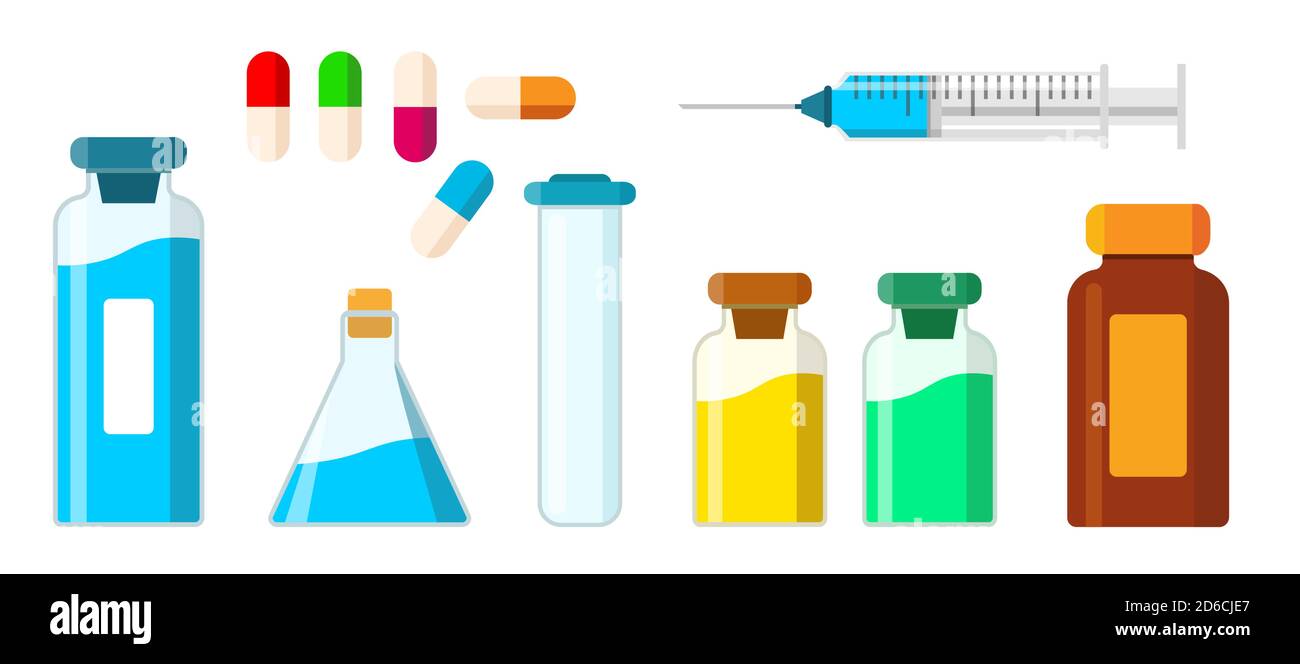 Sammlung von isolierten medizinischen Gegenständen. Eine Spritze mit einer Injektion und Nadel, Pharmakologie Flüssigkeit, ein leerer Becher, Kapsel Pille, Glasflasche, Reagenzglas. Isolierte Vektor-Illustration in flachem Stil Stock Vektor