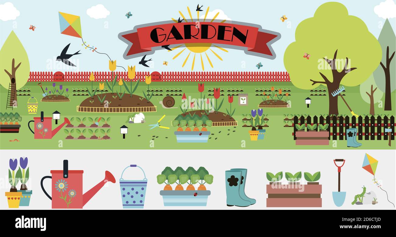 Ein großer Satz von Vektorobjekten für den Garten. Flacher Garten Illustration Design mit Blumenbeeten, Traktor, Zaun, Sprossen, Blumen, Vogelhaus, Bäume, Gartendekor und Ausrüstung. Cute Cartoon Bild mit einer Reihe von isolierten Elemente auf einem botanischen Thema. Sommer Illustration, Folge 10 Stock Vektor