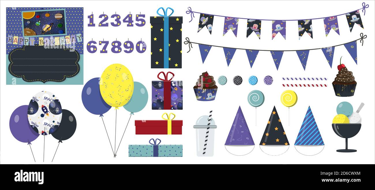 Vektor-Set für eine Party, Geburtstag mit einem Raum-Thema. Flache Design-Illustration mit Ballons, Geschenken, Girlanden, Urlaubseinladung, Süßigkeiten und Getränken. Alle Artikel für den Urlaub im gleichen Stil mit Aliens, Konstellationen, fliegende Untertassen, Raketen, das Sonnensystem. Helle Kappen für Kinderveranstaltungen Stock Vektor
