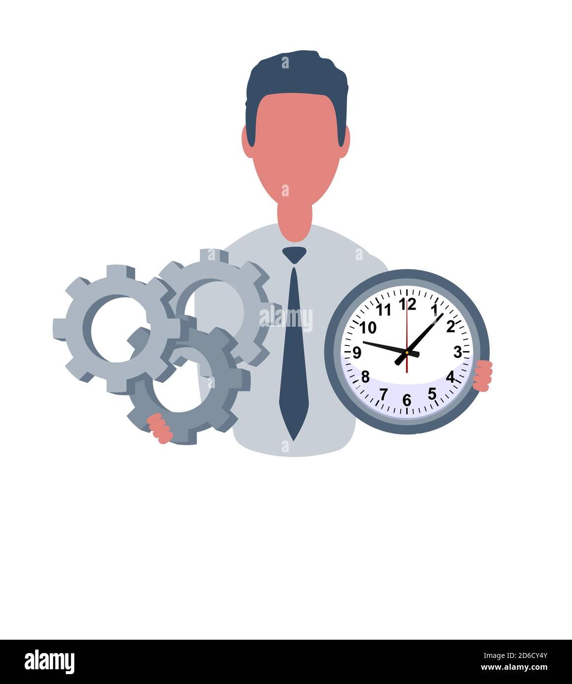 Geschäftsmann oder Angestellter, der eine Uhr und ein Zahnrad hält. Männlicher Charakter im einfachen Stil, flache Vektorgrafik. Geschäftskonzept. Isoliert auf Weiß Stock Vektor