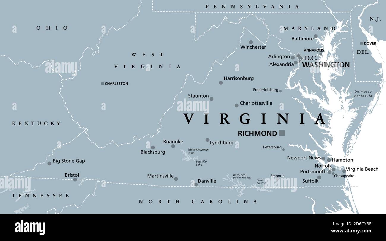 Virginia, VA, graue politische Landkarte. Commonwealth of Virginia. Staat im Südosten und Mittelatlantik Region der Vereinigten Staaten. Hauptstadt Richmond. Stockfoto