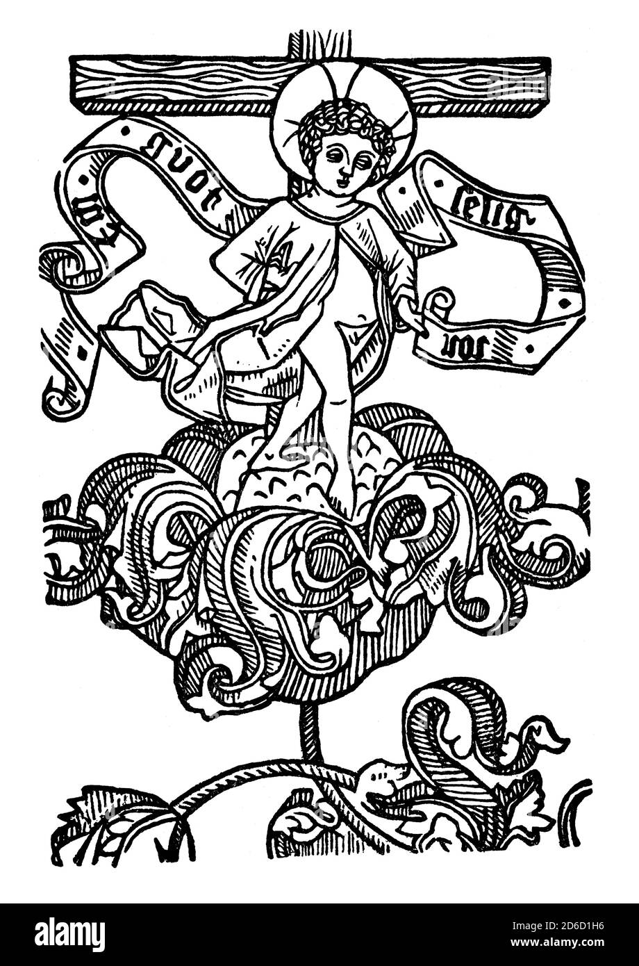 Das Christkind, Neujahrsgrüßen, Holzstich, 15. Jahrhundert Stockfoto
