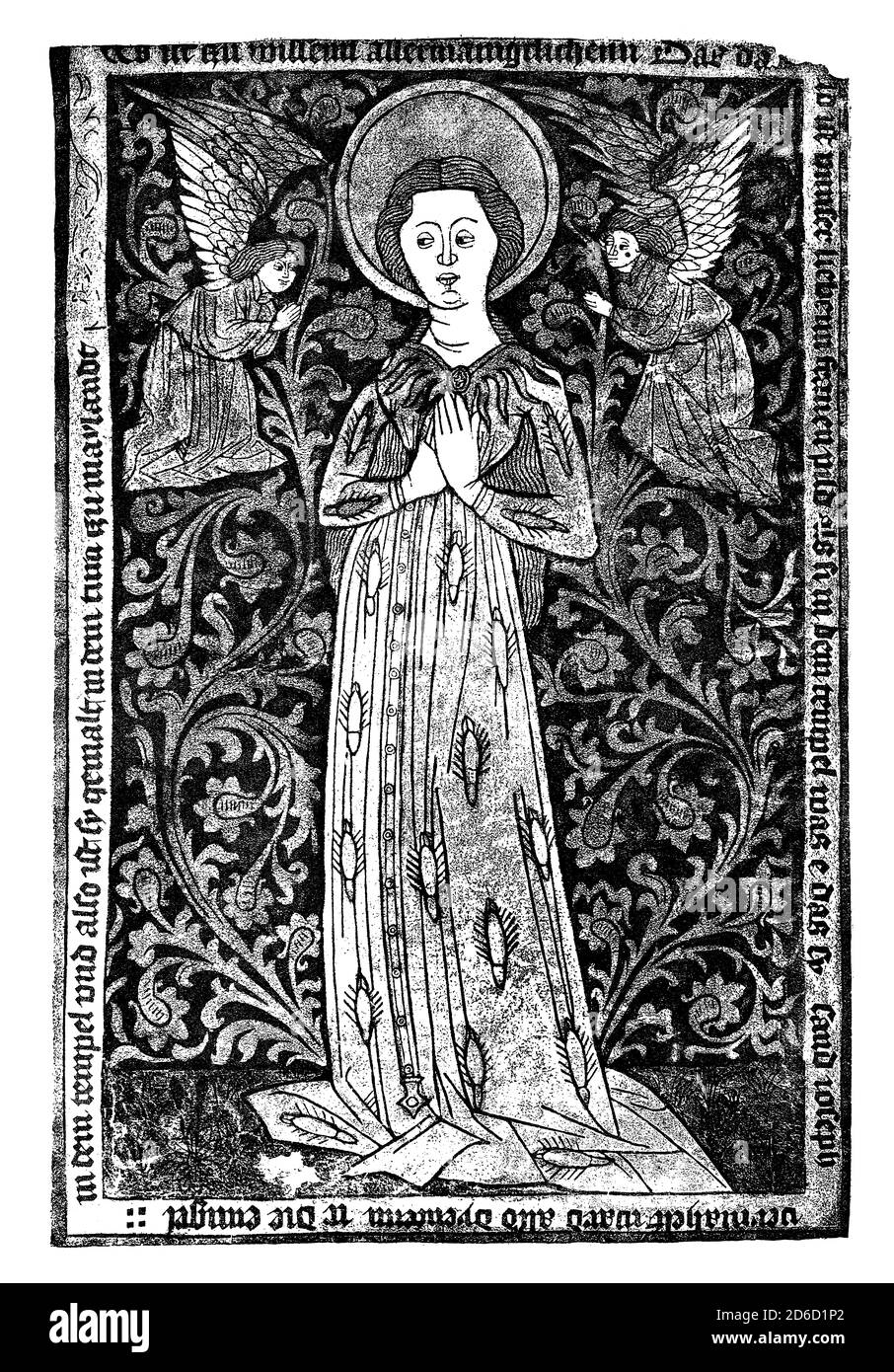 Maria wird von zwei Engeln verehrt, Holzstich, 1440 Stockfoto