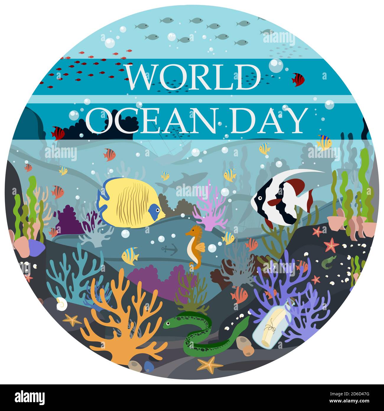 Vektor flache Illustration der Unterwasserwelt. Postkartenplakat für den Weltmeertag am 8. Juni. Schutz der Natur, Unterwasserwelt und Meerestiere. Tropische Unterwasserflora und -Fauna. Ein helles Bild von vielen Objekten. Stock Vektor