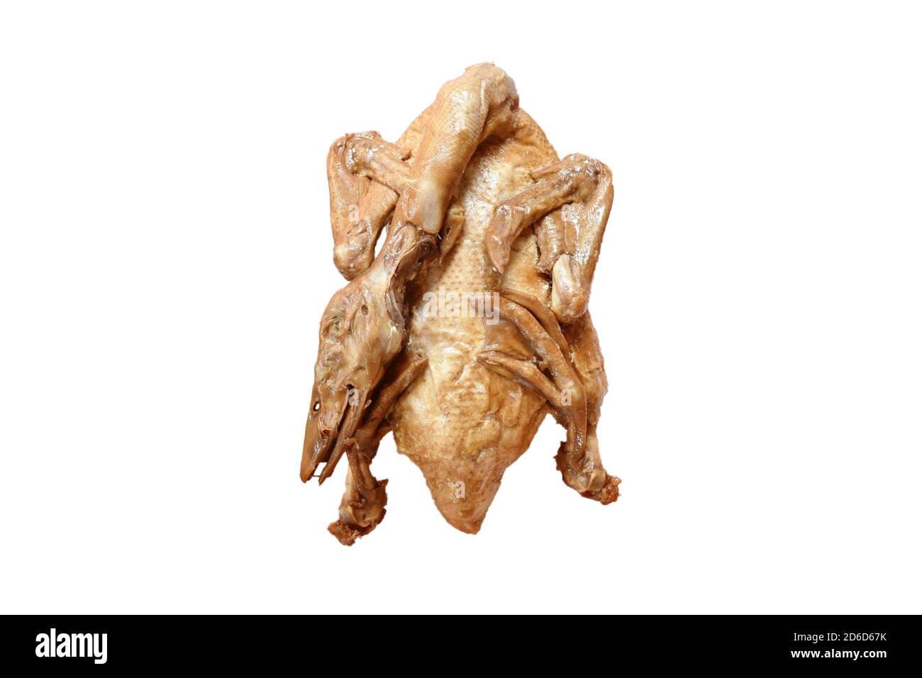 Gekochte Ente in brauner Suppe auf weißem Hintergrund Stockfoto