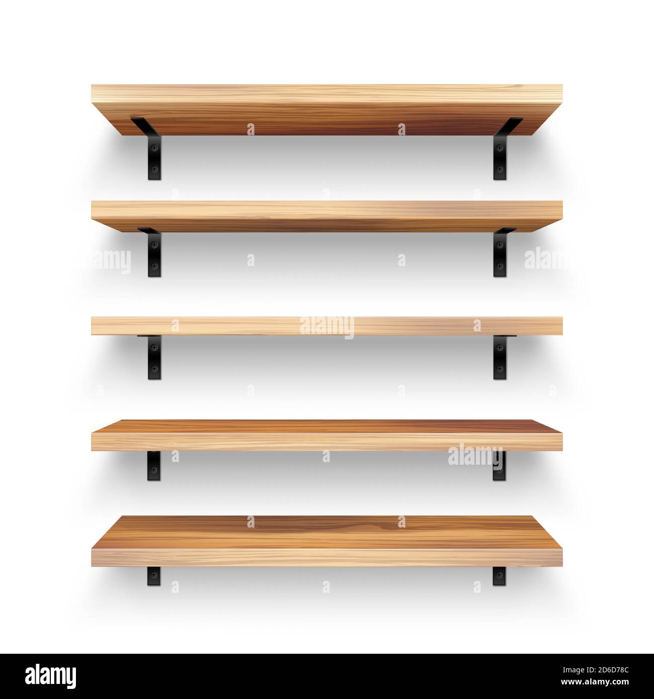 Realistische leere Holzregale gesetzt. Produktregal mit Holzstruktur und schwarzer Wandhalterung. Lebensmittelgeschäft Rack. Vektorgrafik. Stock Vektor