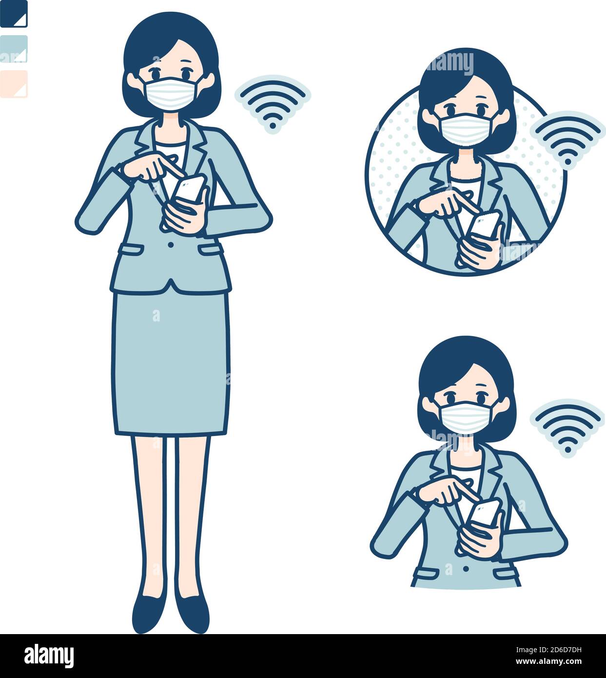 Geschäftsfrau trägt eine Maske mit bedienen Smartphone-Bilder. Es ist Vektorgrafik, so ist es einfach zu bearbeiten. Stock Vektor