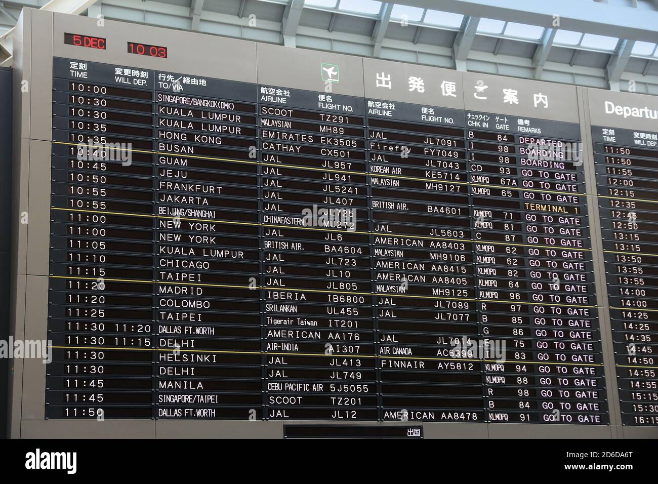 Tokio, Japan - Dezember 5, 2016: Abflug Zeitplan am Narita Flughafen in Tokyo. Flughafen Narita ist die 2 verkehrsreichsten Flughafen von Japan (nach Haneda) wit Stockfoto